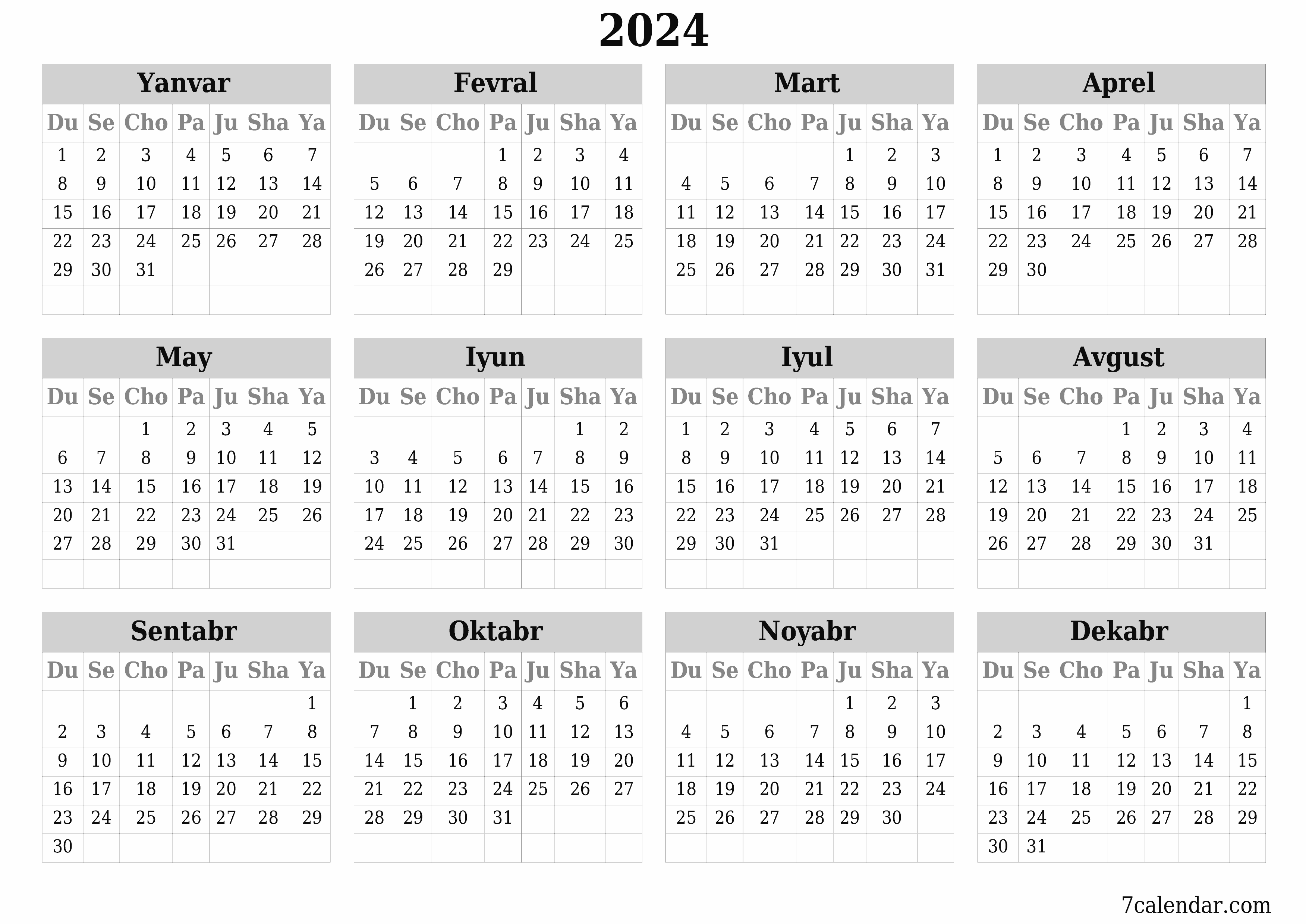 chop etiladigan devor taqvimi shabloni bepul gorizontal Yillik kalendar Dekabr (Dek) 2024