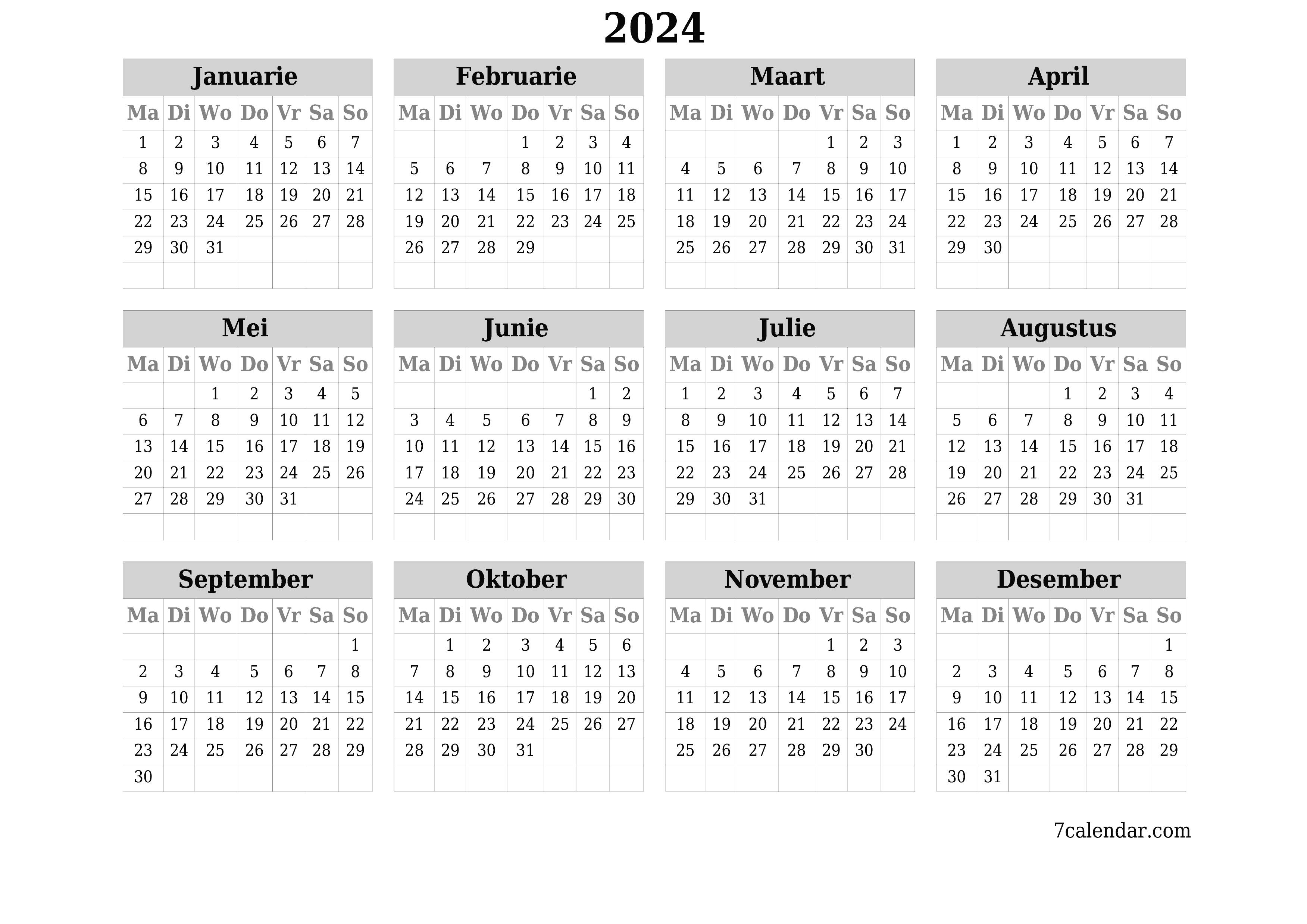 Leë jaarlikse drukbare kalender en beplanner vir die jaar 2024 met notas, stoor en druk na PDF PNG Afrikaans