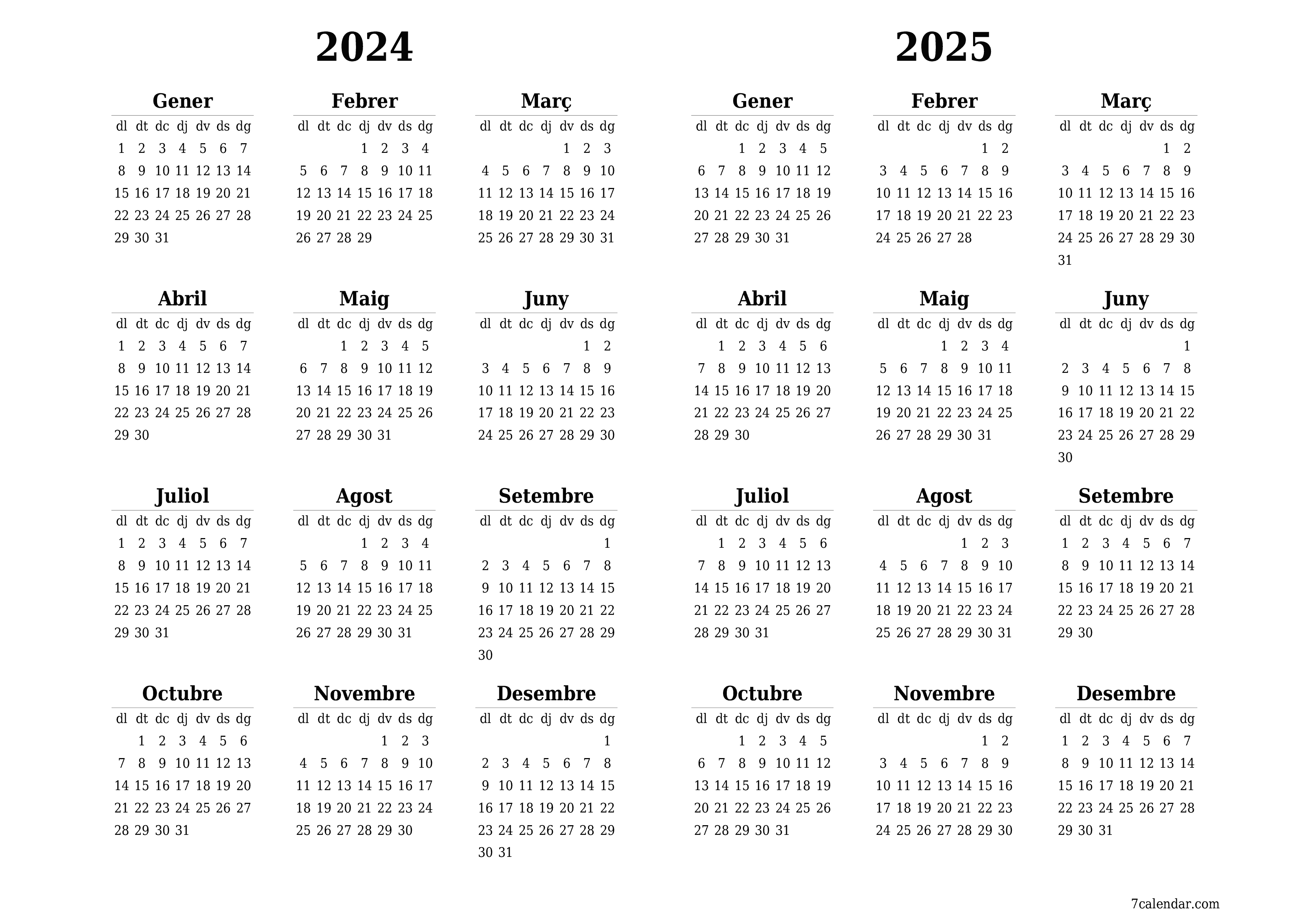  imprimible de paret plantilla de gratuïthoritzontal Anual calendari Desembre (Des) 2024