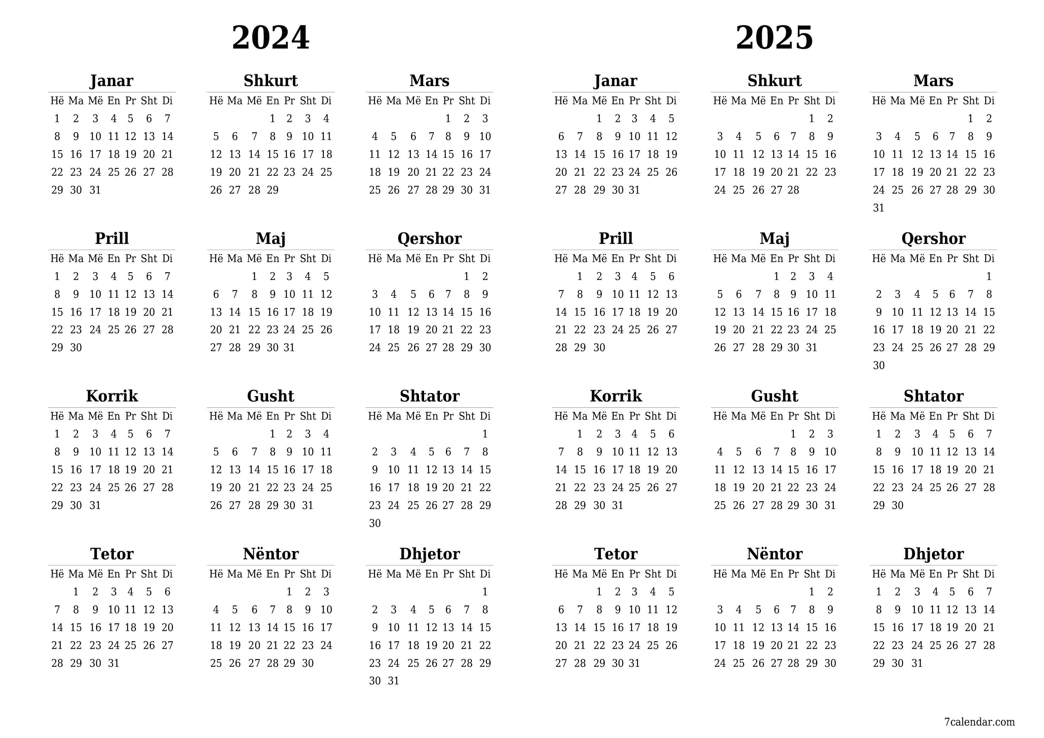 Planifikuesi bosh i kalendarit vjetor për vitin 2024, 2025 me shënime, ruani dhe printoni në PDF PNG Albanian