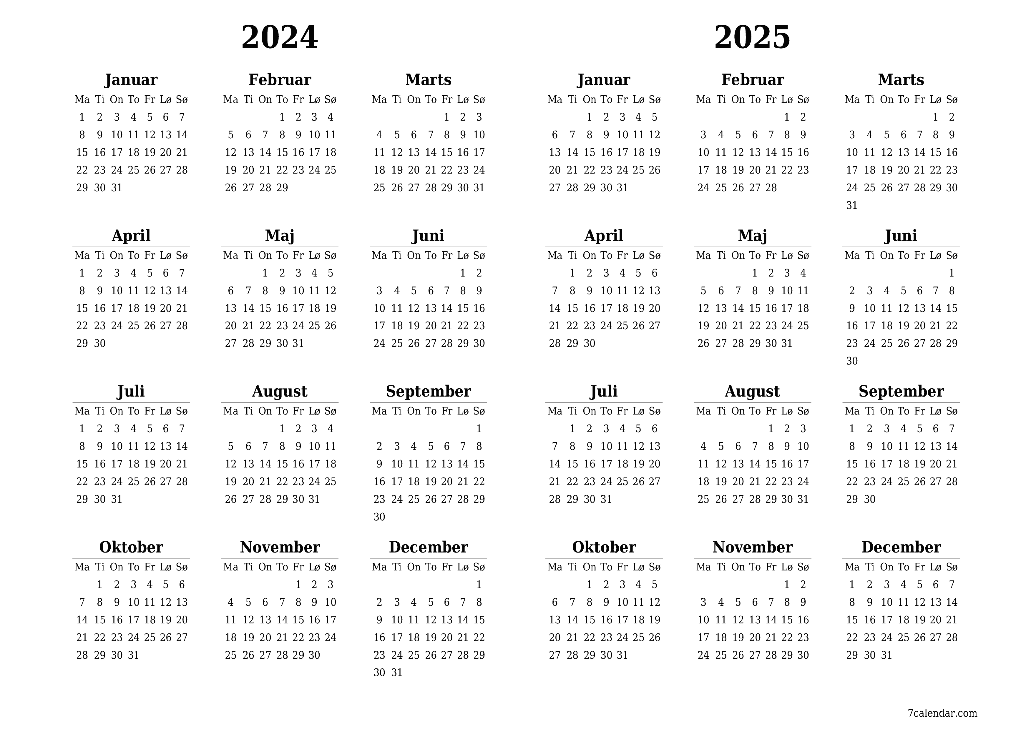Tom årlig planlægningskalender for året 2024, 2025 med noter, gem og udskriv til PDF PNG Danish