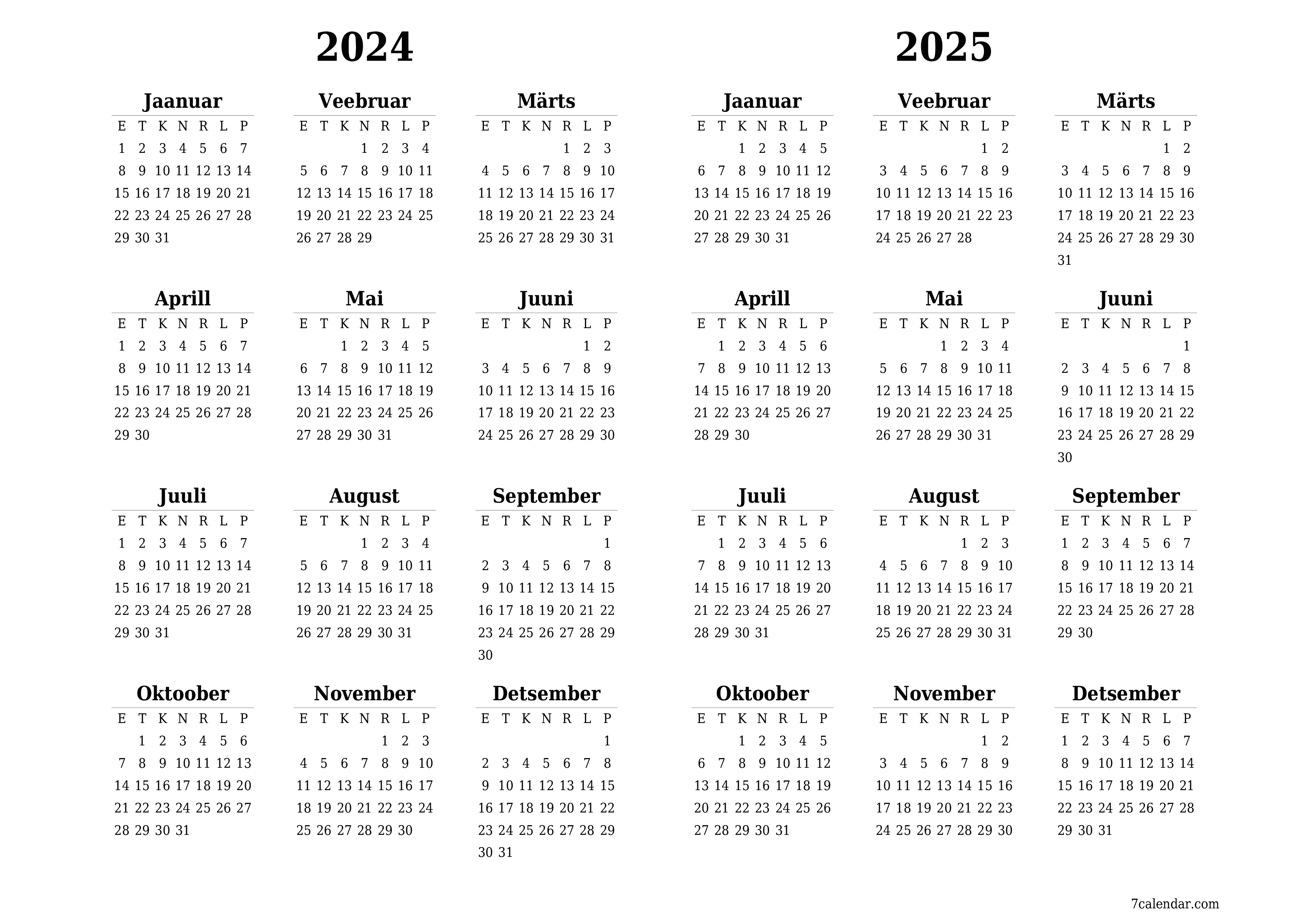 Tühi aasta planeerija kalender aastaks 2024, 2025 koos märkmetega, salvestage ja printige PDF-i PNG Estonian