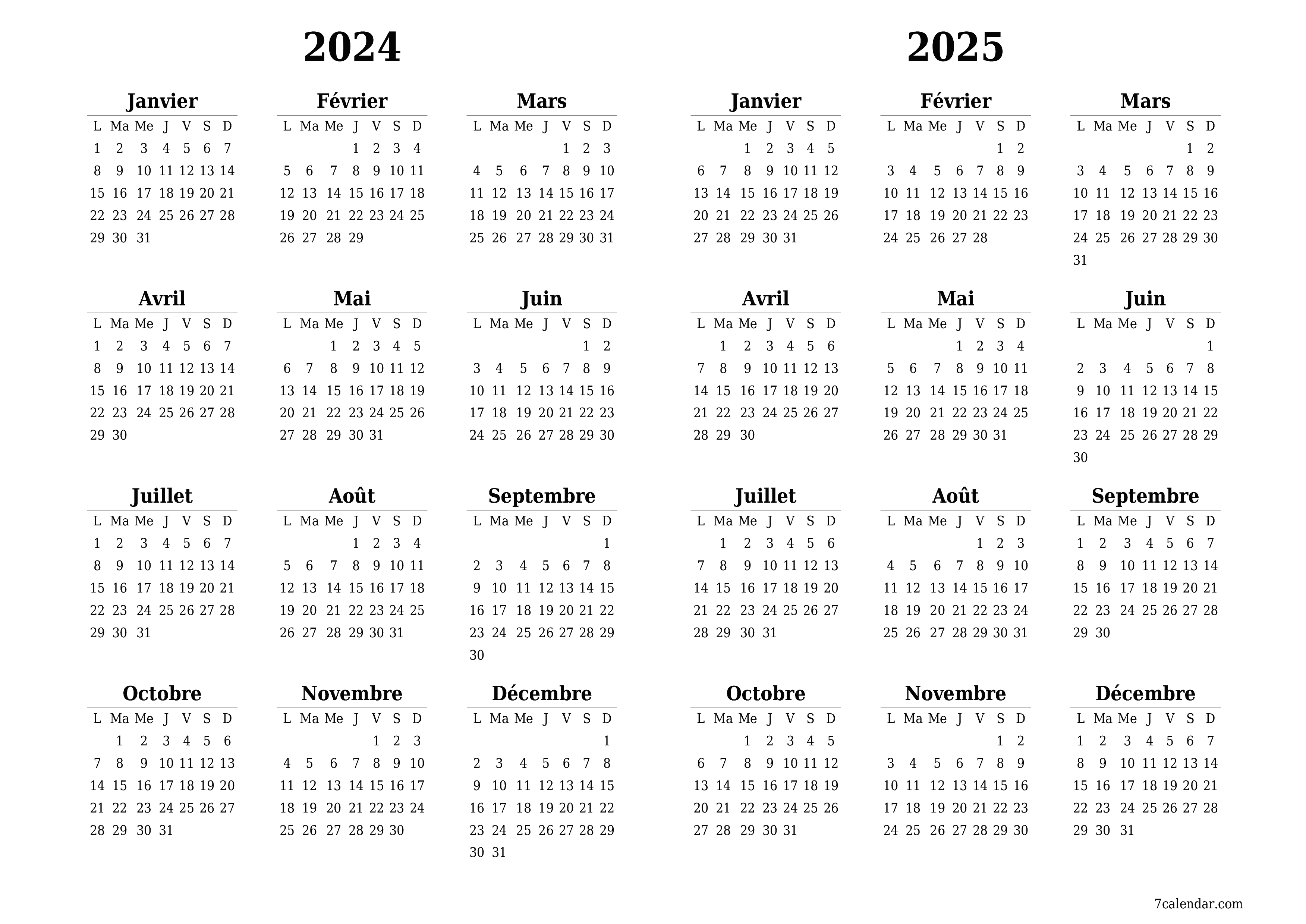 Calendrier annuel vide pour l'année 2024, 2025 avec notes, enregistrer et imprimer au format PDF PNG French