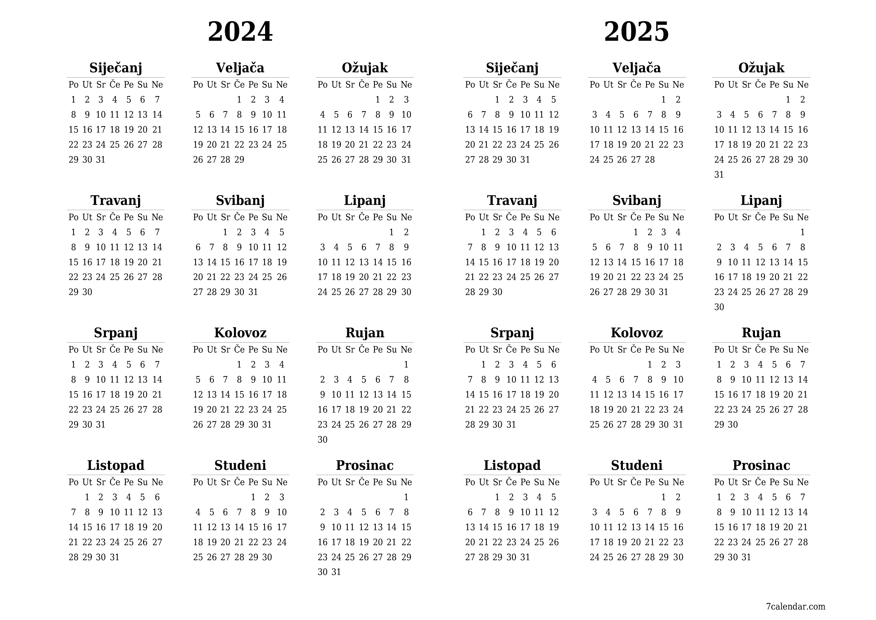 Ispraznite godišnji kalendar planera za godinu 2024, 2025 s bilješkama, spremite i ispišite u PDF PNG Croatian