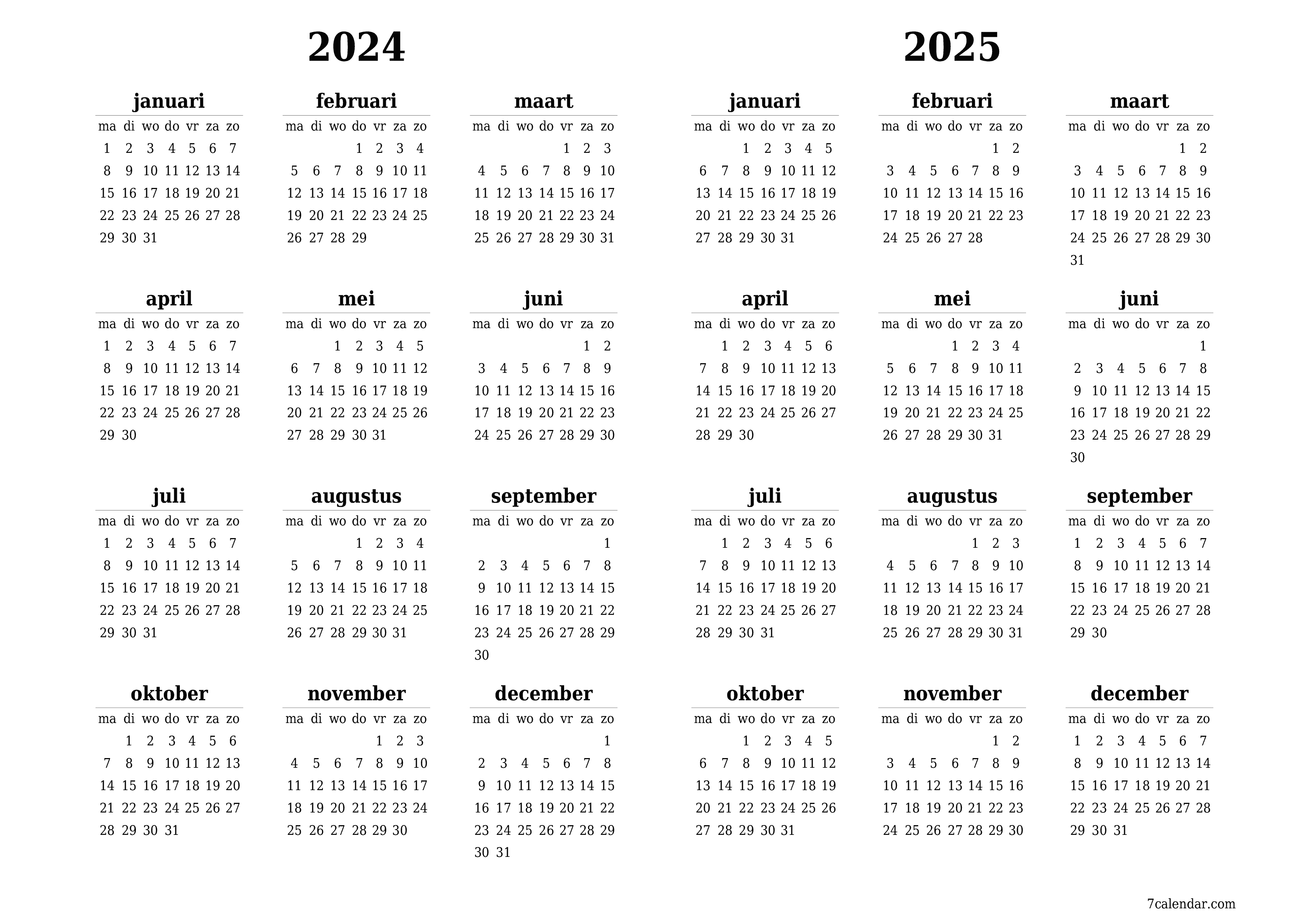 Lege jaarplanningskalender voor het jaar 2024, 2025 met notities, opslaan en afdrukken naar pdf PNG Dutch