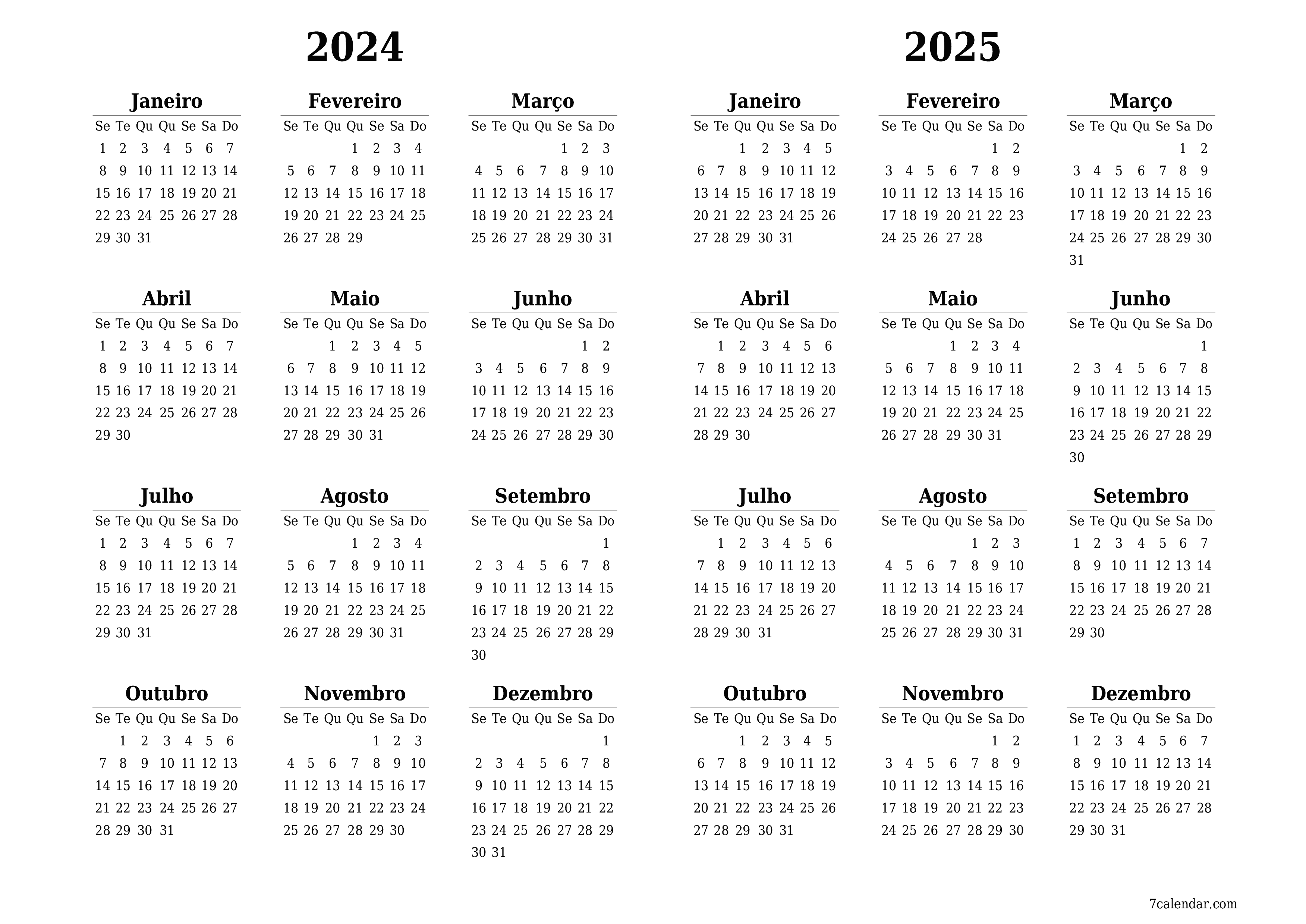  para impressão de parede modelo de grátishorizontal Anualmente calendário Fevereiro (Fev) 2024