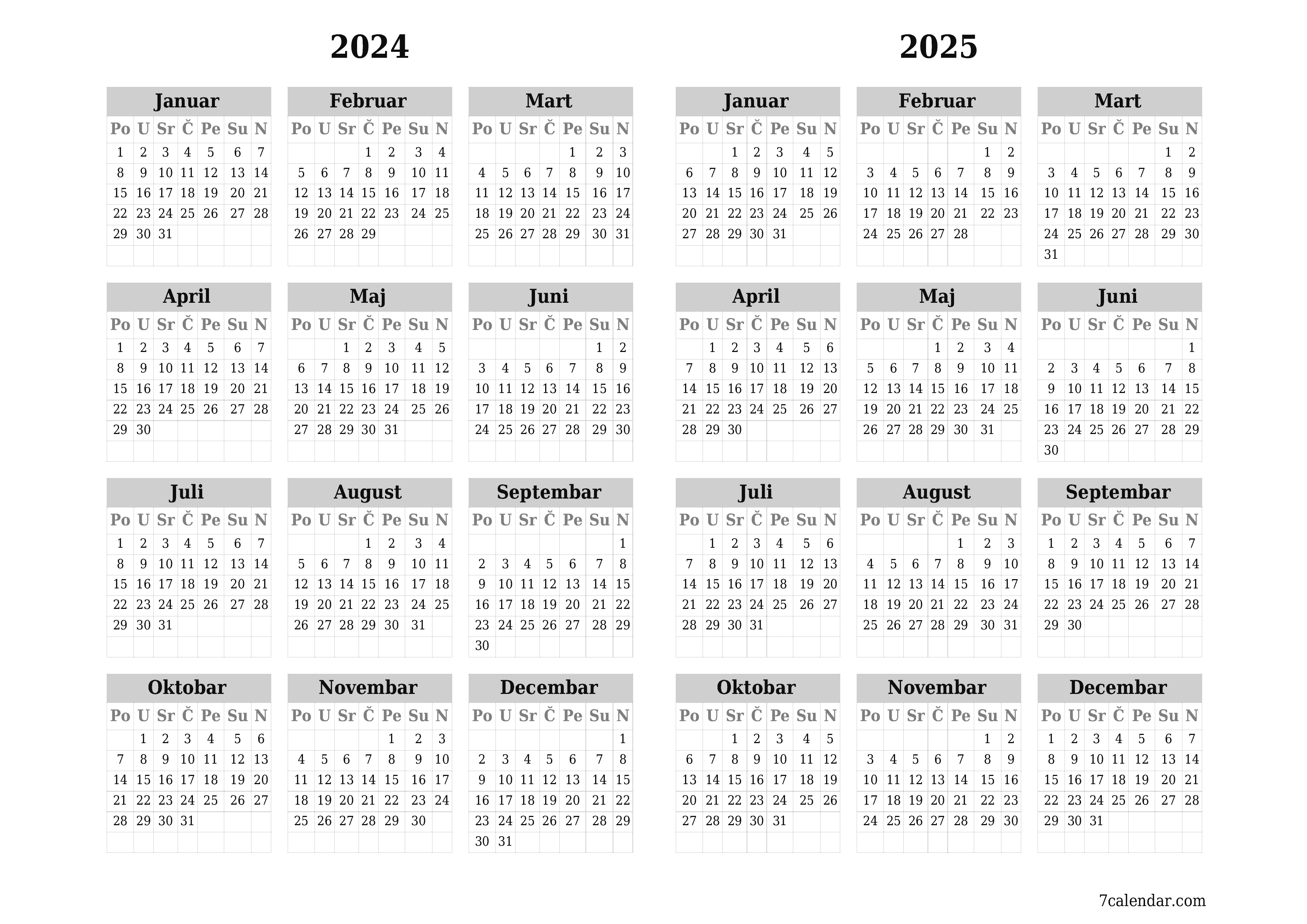  za štampanje zidni šablon a besplatni horizontalno Godišnje kalendar Novembar (Nov) 2024