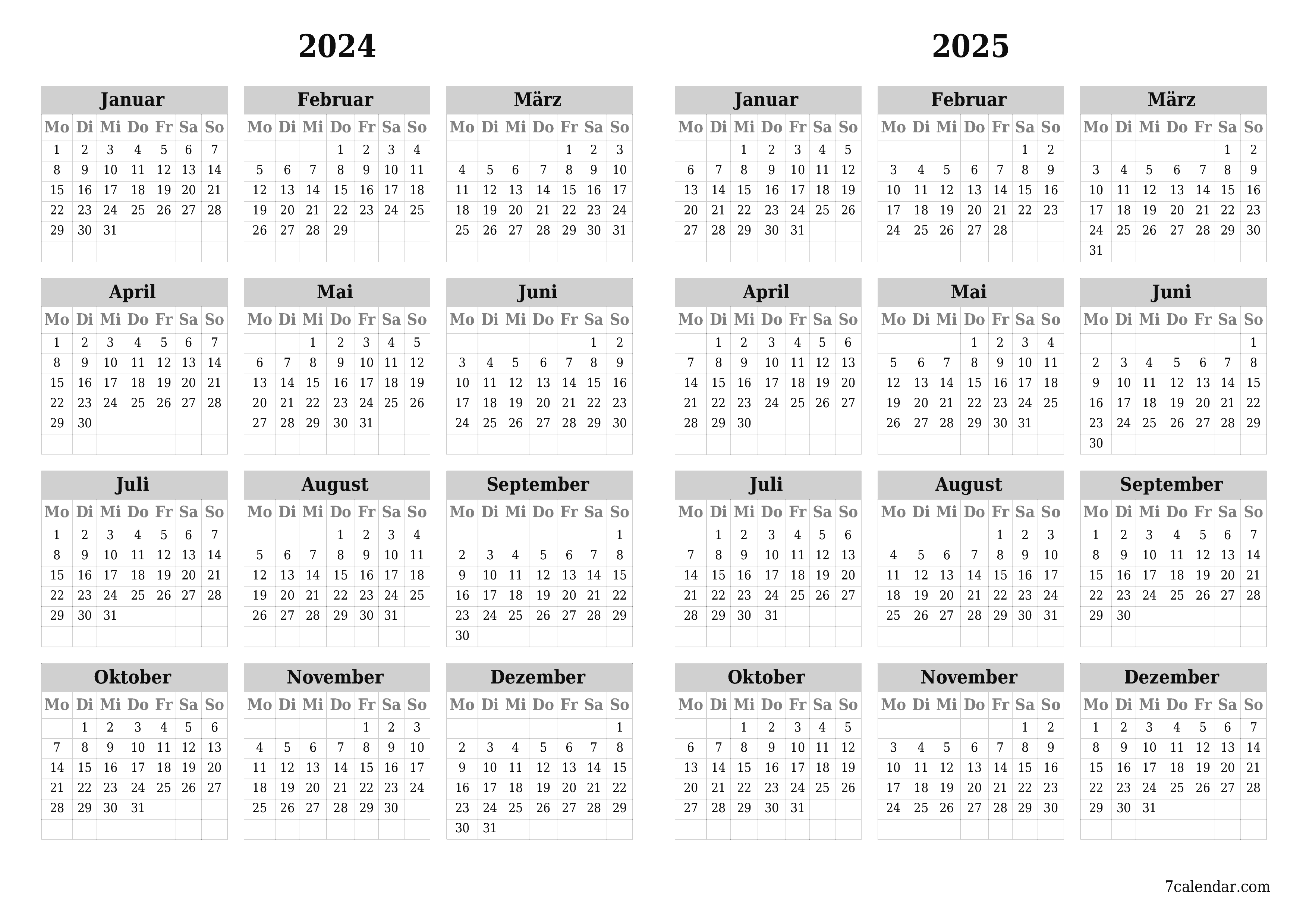 Jahresplanerkalender für das Jahr 2024, 2025 mit Notizen leeren, speichern und als PDF PNG German - 7calendar.com drucken