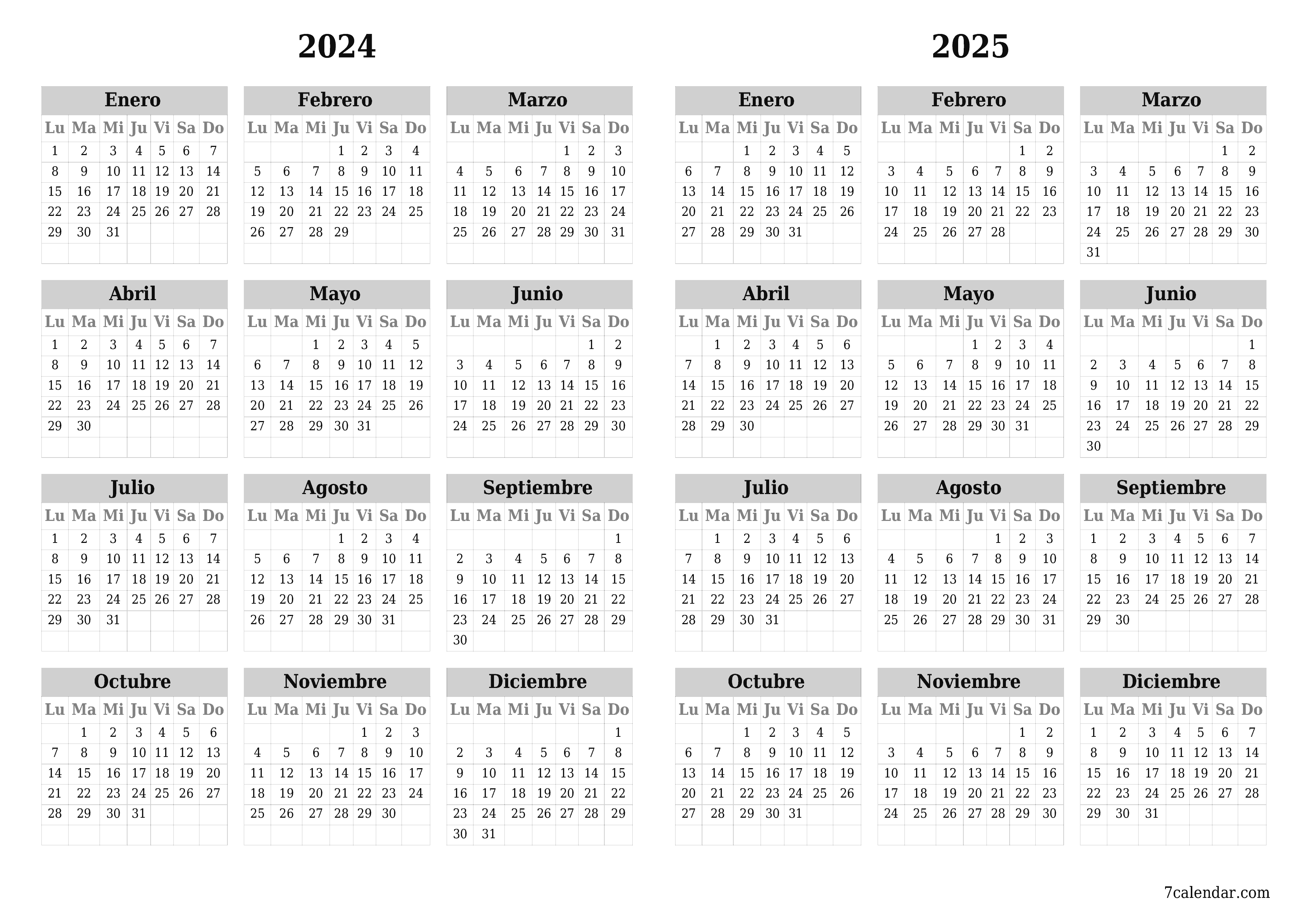 Calendario planificador anual vacío para el año 2024, 2025 con notas, guardar e imprimir en PDF PNG Spanish