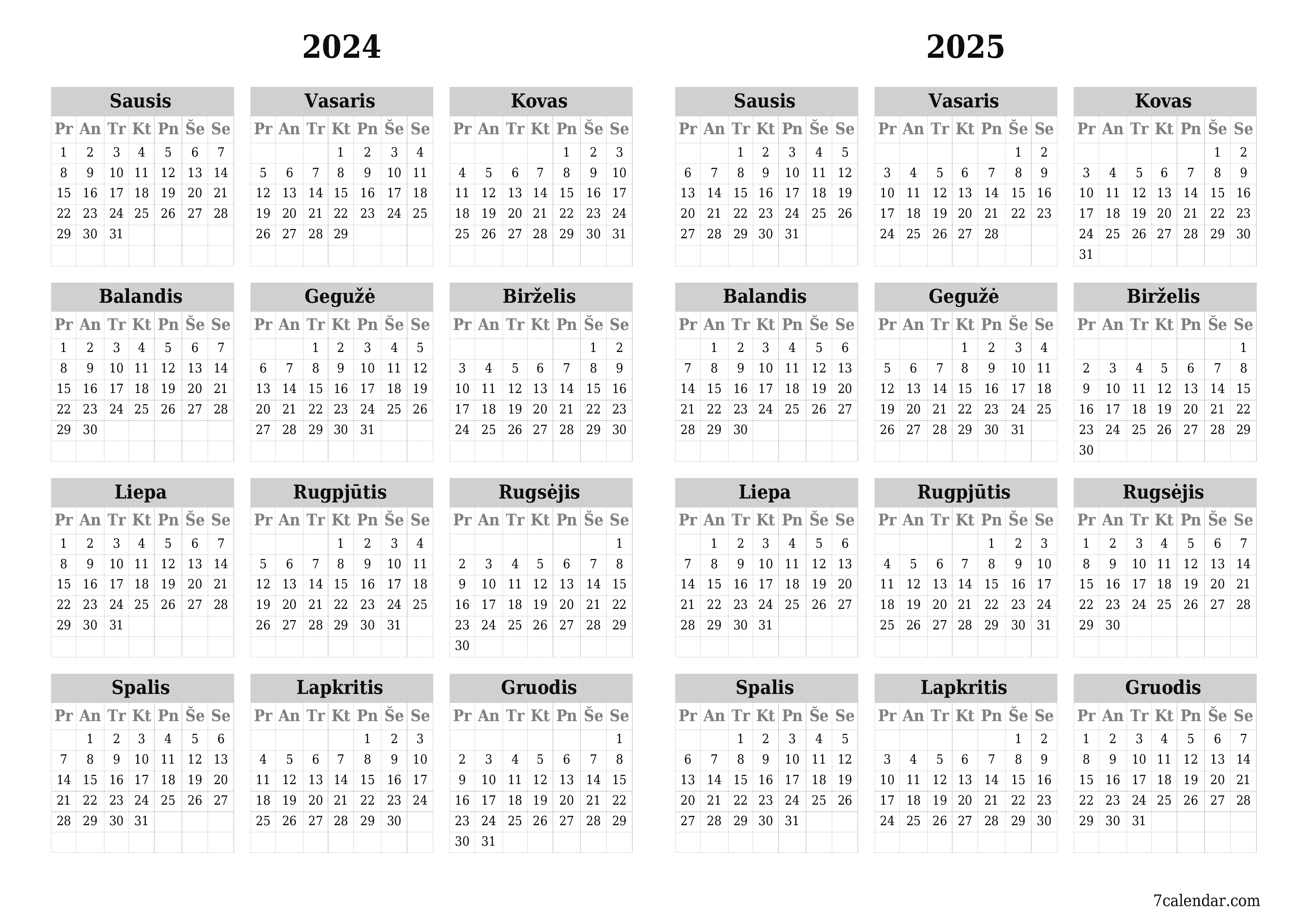 Tuščias metų planavimo kalendorius 2024, 2025 su užrašais, išsaugokite ir atsispausdinkite PDF formatu PNG Lithuanian