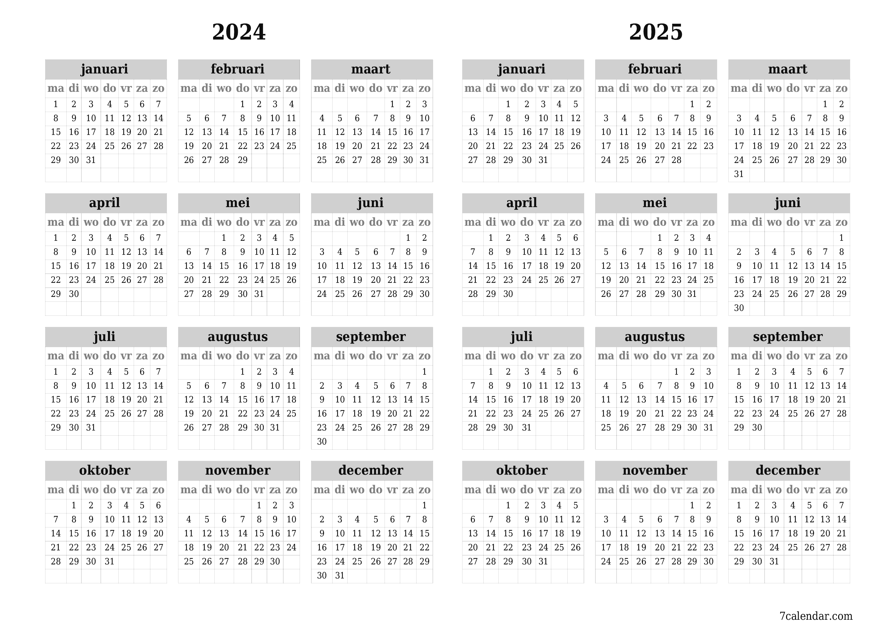 afdrukbare muur sjabloon gratis horizontaal Jaarlijks kalender december (dec) 2024