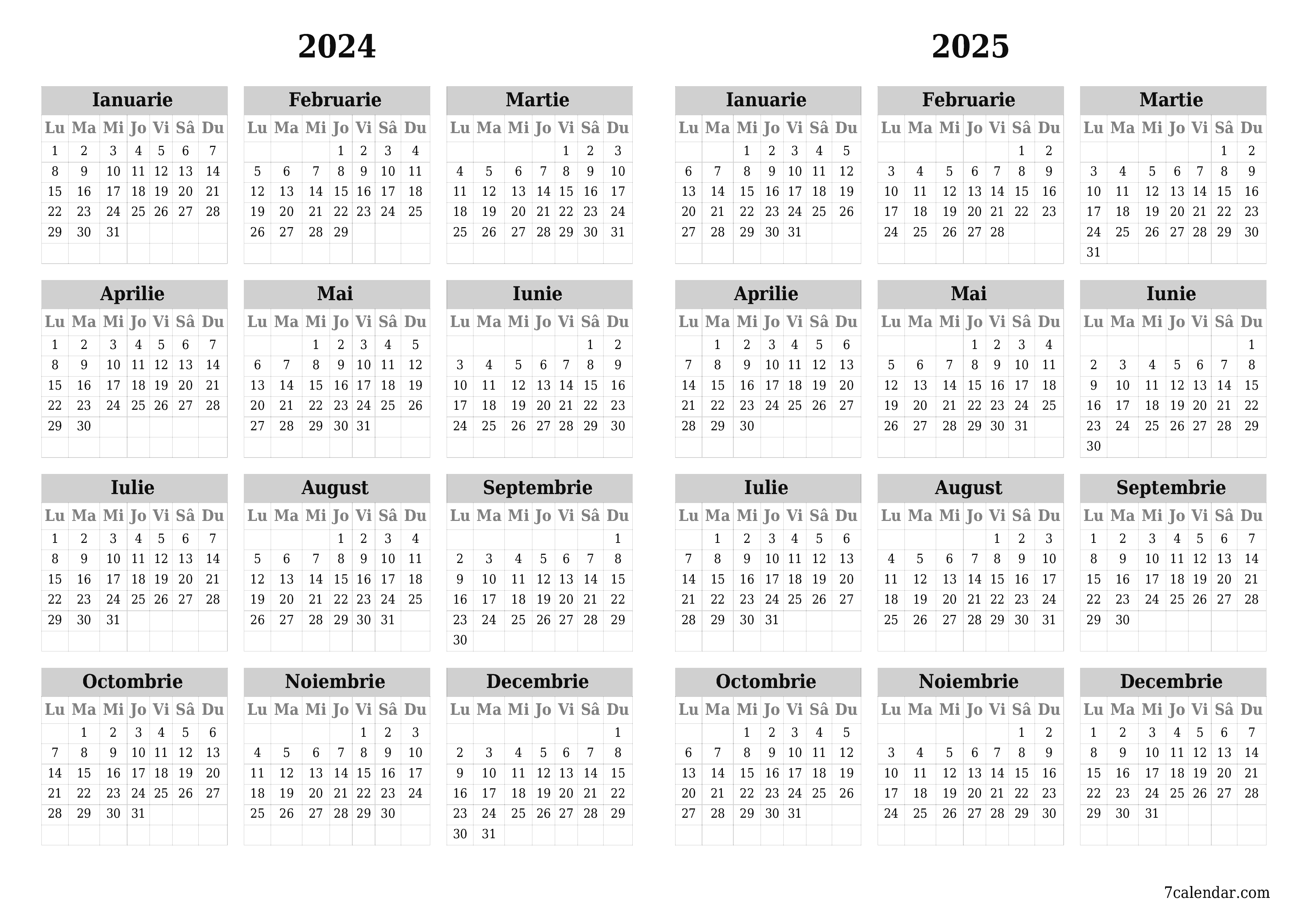 Goliți calendarul anual al planificatorului pentru anul 2024, 2025 cu note, salvați și tipăriți în PDF PNG Romanian