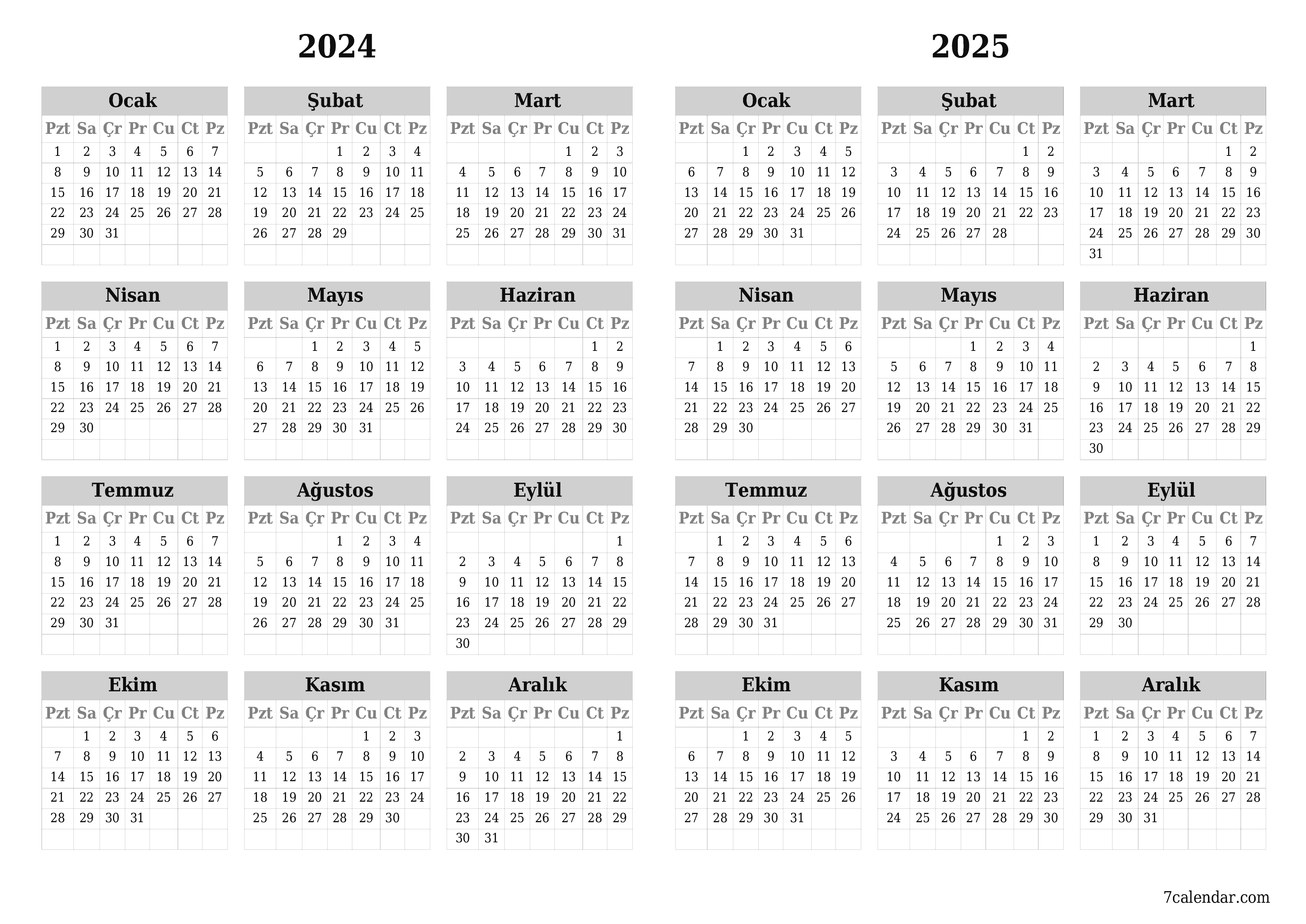 yazdırılabilir duvar i şablonu ücretsiz yatay Yıllık takvim Kasım (Kas) 2024