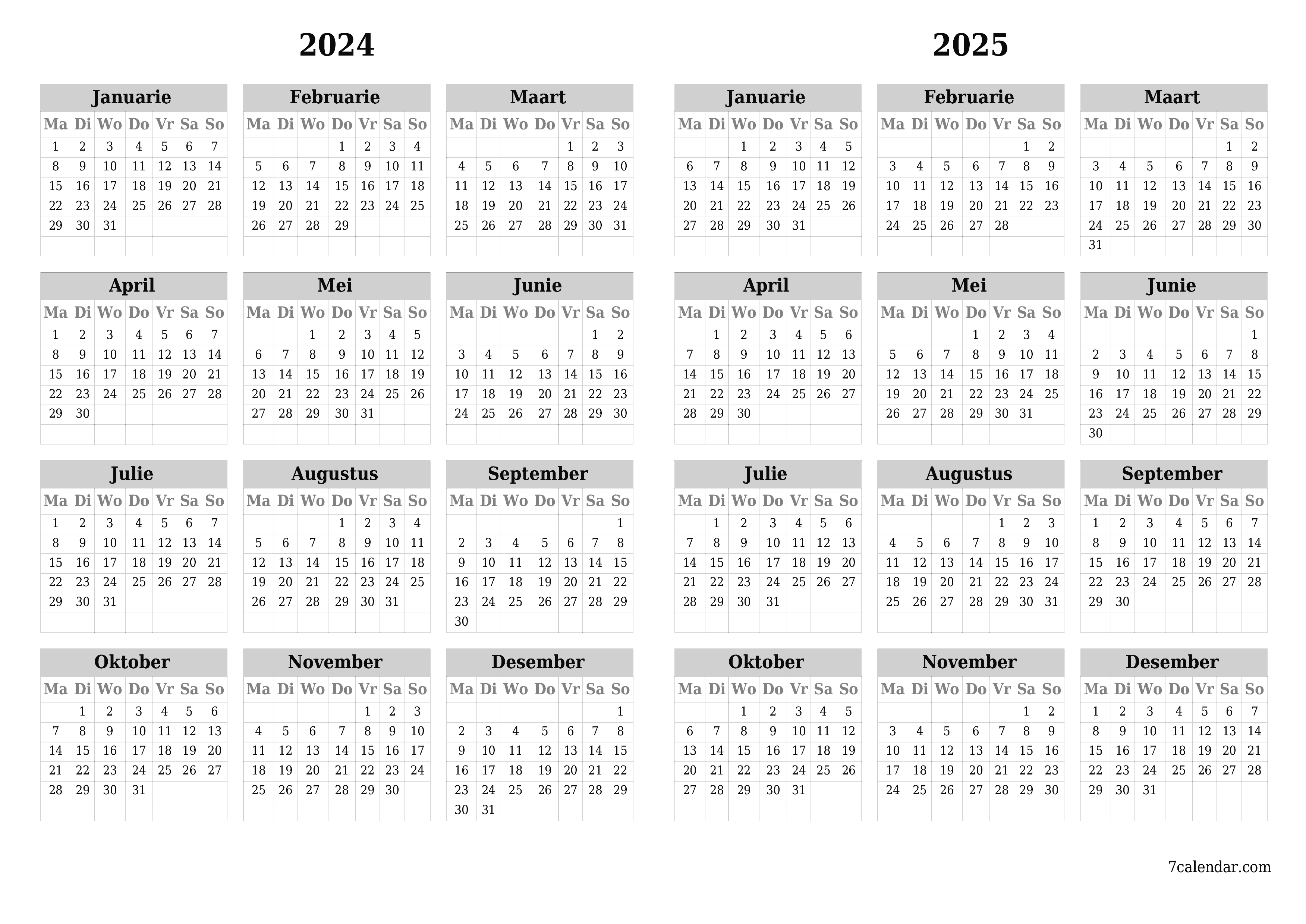 Leë jaarlikse drukbare kalender en beplanner vir die jaar 2024, 2025 met notas, stoor en druk na PDF PNG Afrikaans