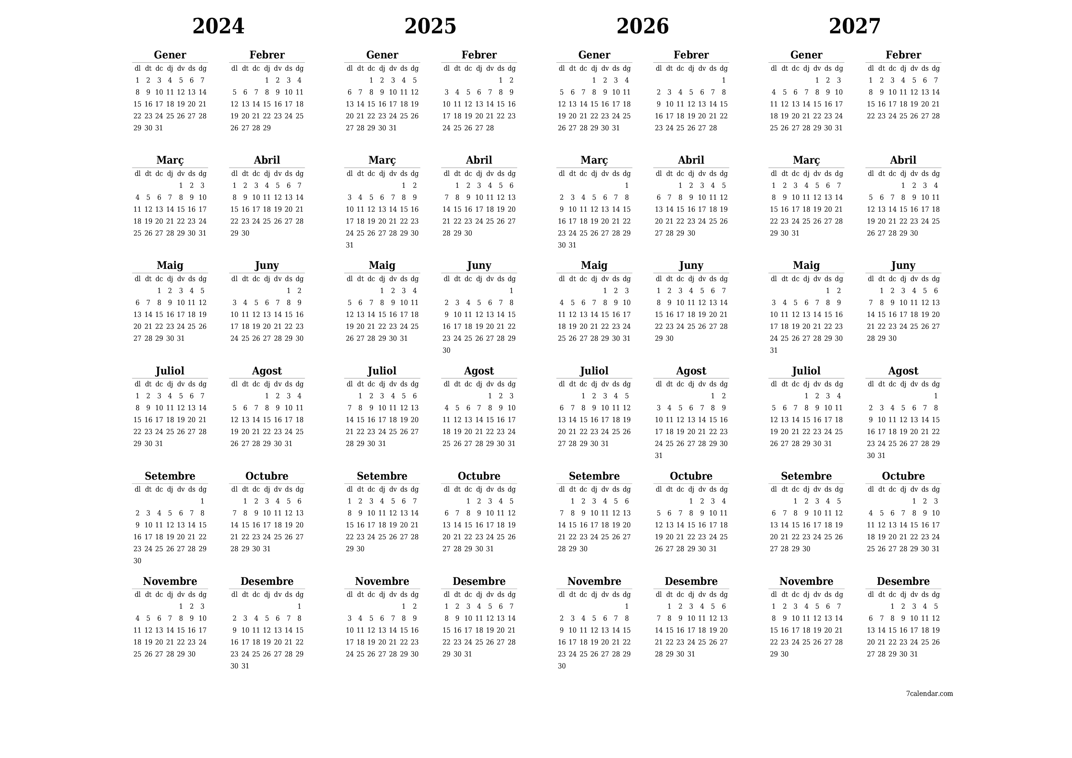 Planificador anual buit 2024, 2025, 2026, 2027 amb notes desades i imprimides en PDF PNG Catalan