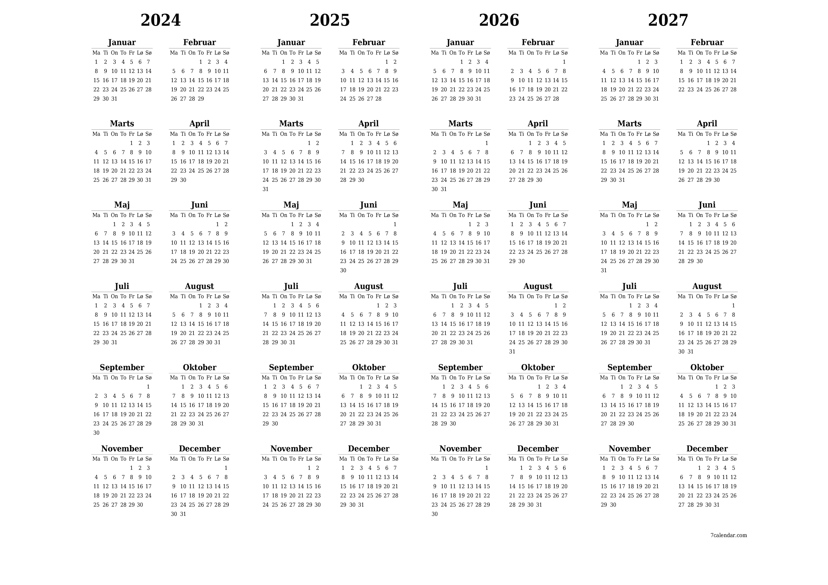 Tom årlig planlægningskalender for året 2024, 2025, 2026, 2027 med noter, gem og udskriv til PDF PNG Danish