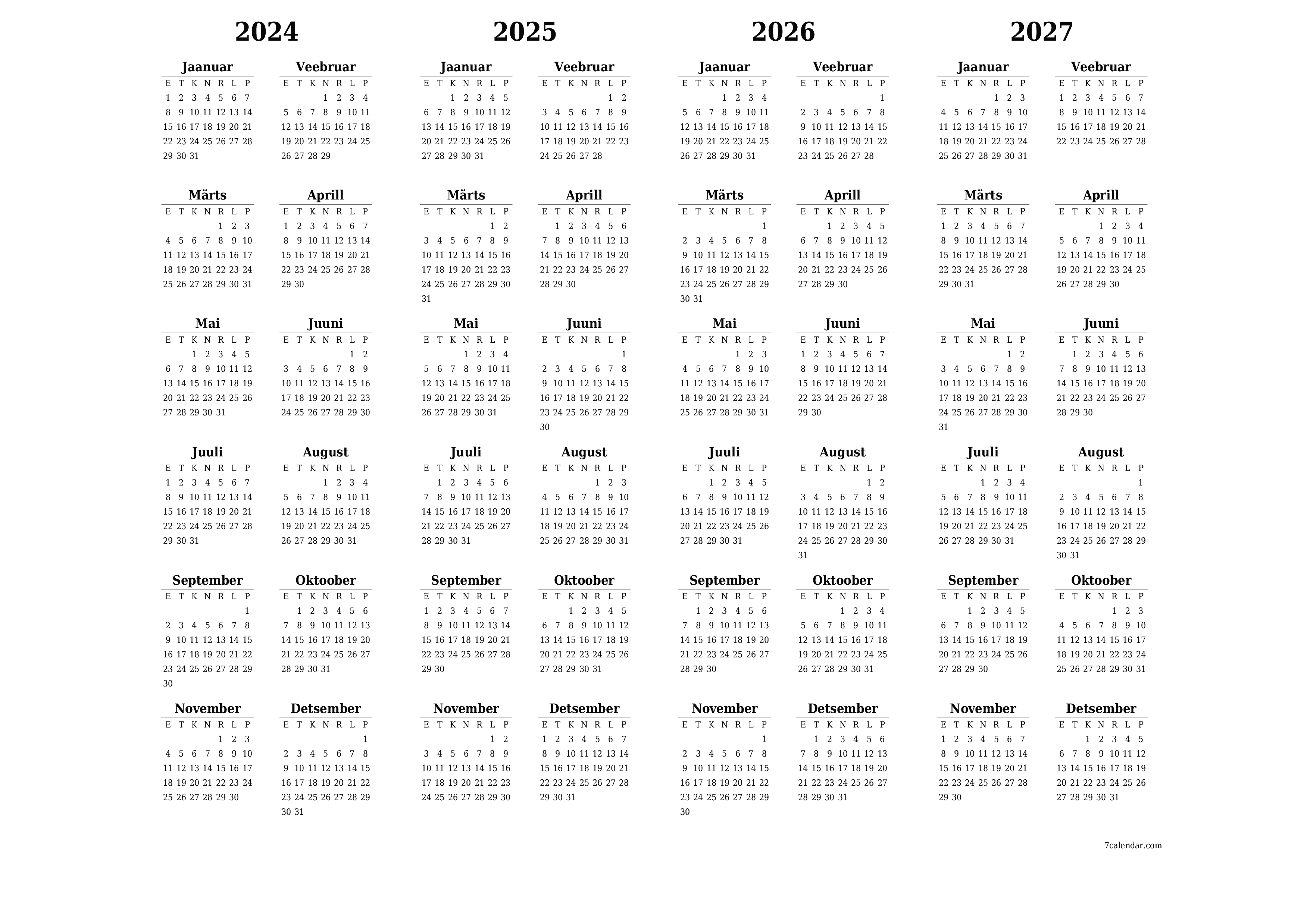 Tühi aasta planeerija kalender aastaks 2024, 2025, 2026, 2027 koos märkmetega, salvestage ja printige PDF-i PNG Estonian