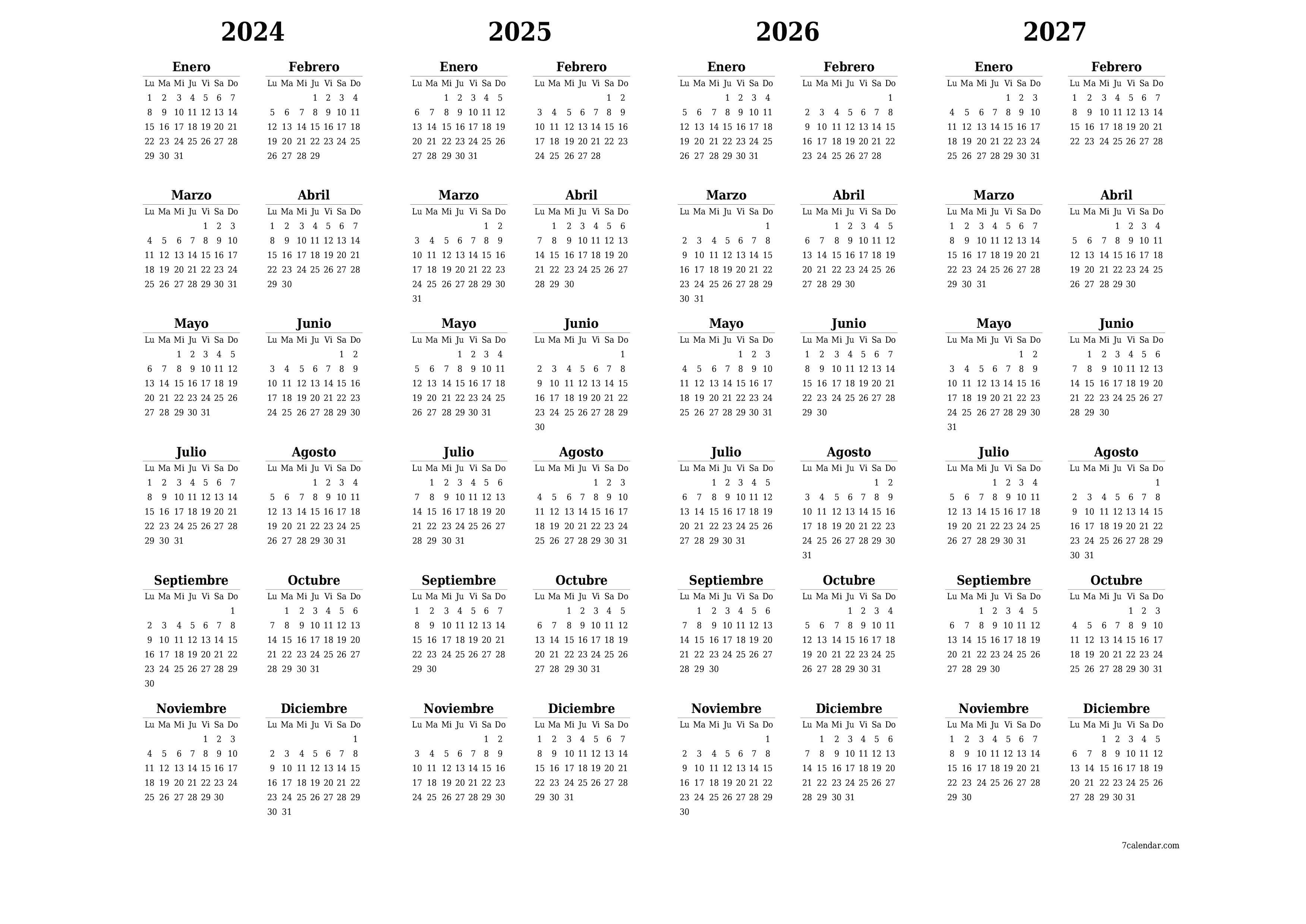 Calendario planificador anual vacío para el año 2024, 2025, 2026, 2027 con notas, guardar e imprimir en PDF PNG Spanish