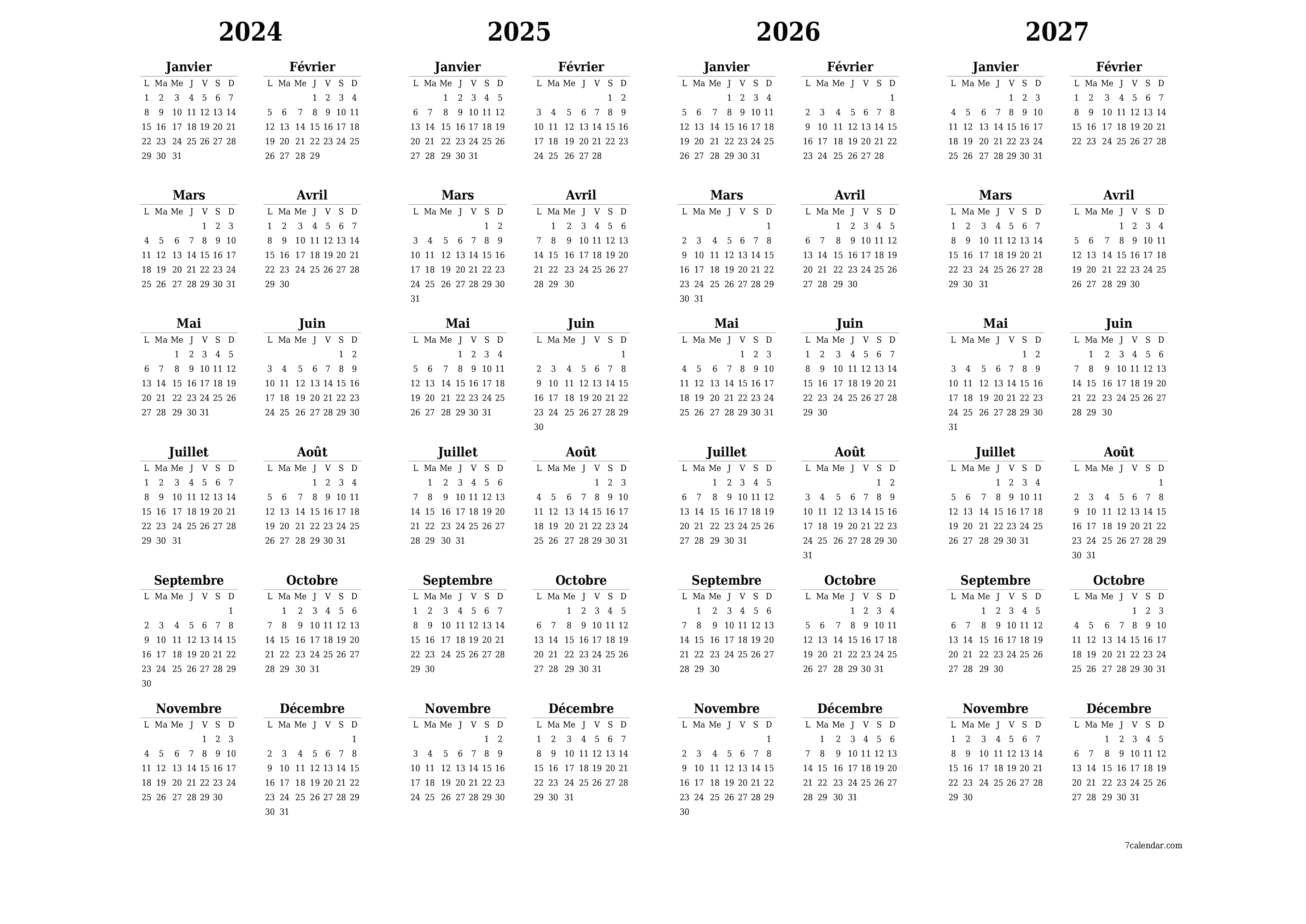 Calendrier annuel vide pour l'année 2024, 2025, 2026, 2027 avec notes, enregistrer et imprimer au format PDF PNG French