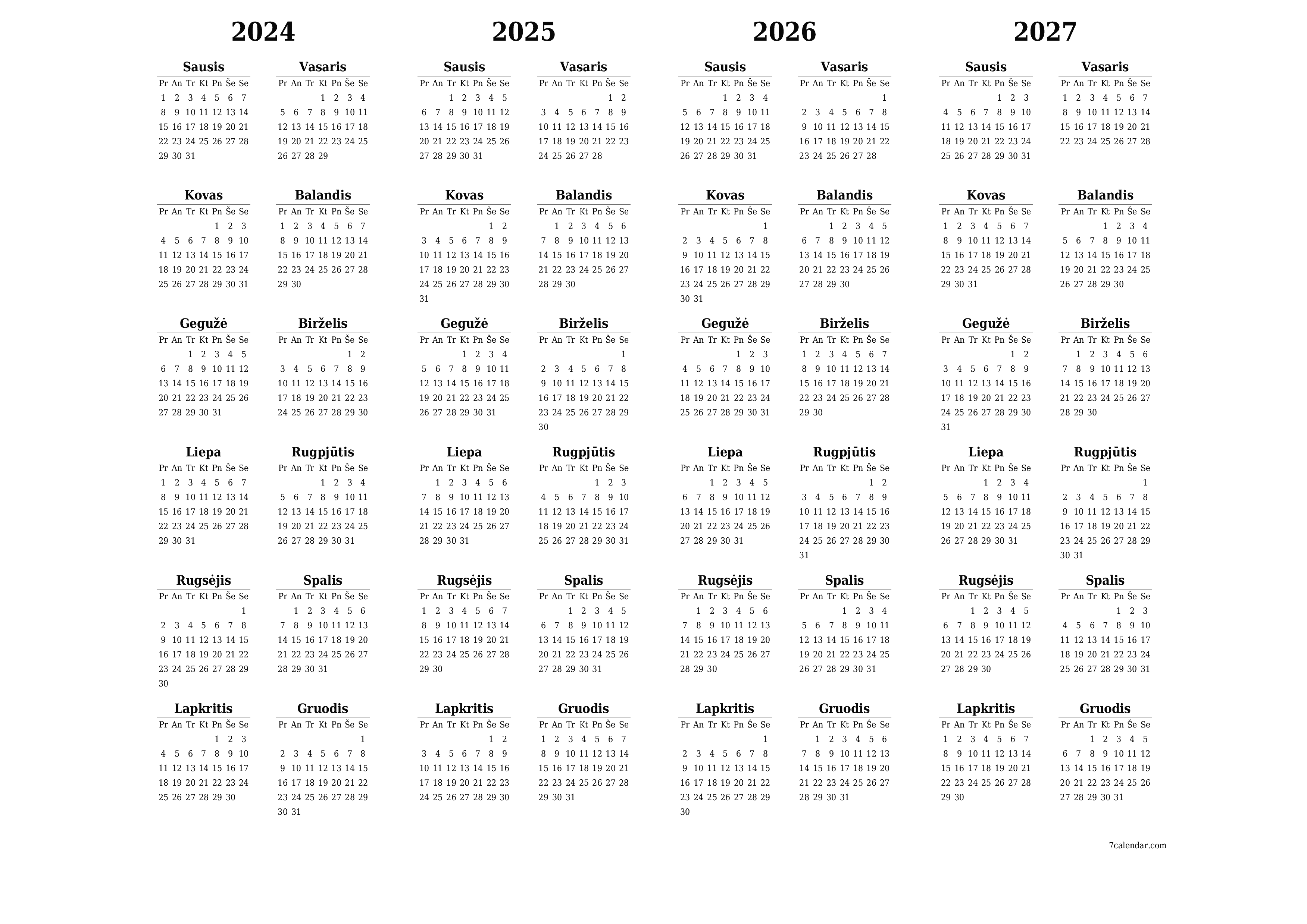 Tuščias metų planavimo kalendorius 2024, 2025, 2026, 2027 su užrašais, išsaugokite ir atsispausdinkite PDF formatu PNG Lithuanian