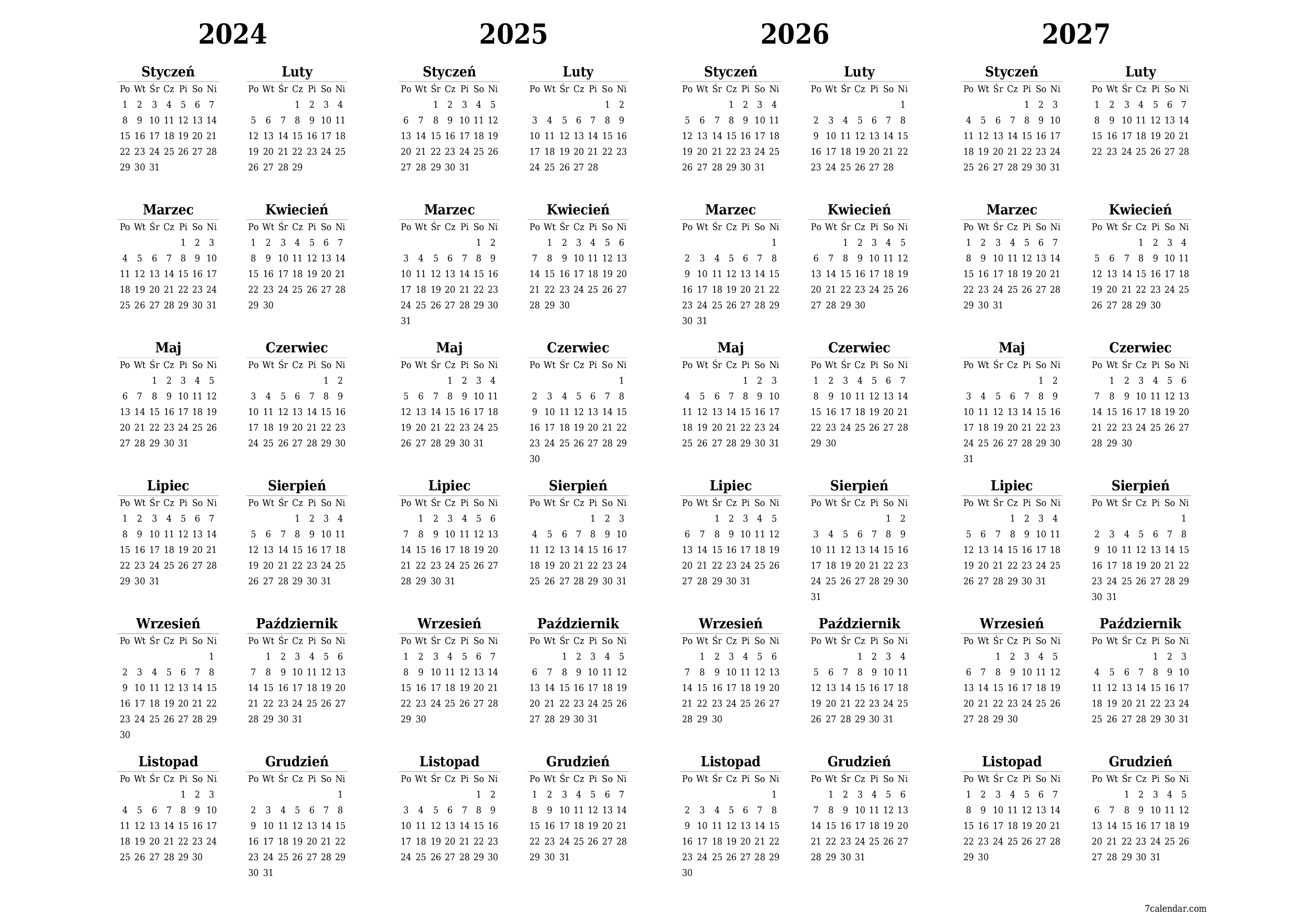 Opróżnij kalendarz rocznego planowania na rok 2024, 2025, 2026, 2027 z notatkami, zapisz i wydrukuj w formacie PDF PNG Polish