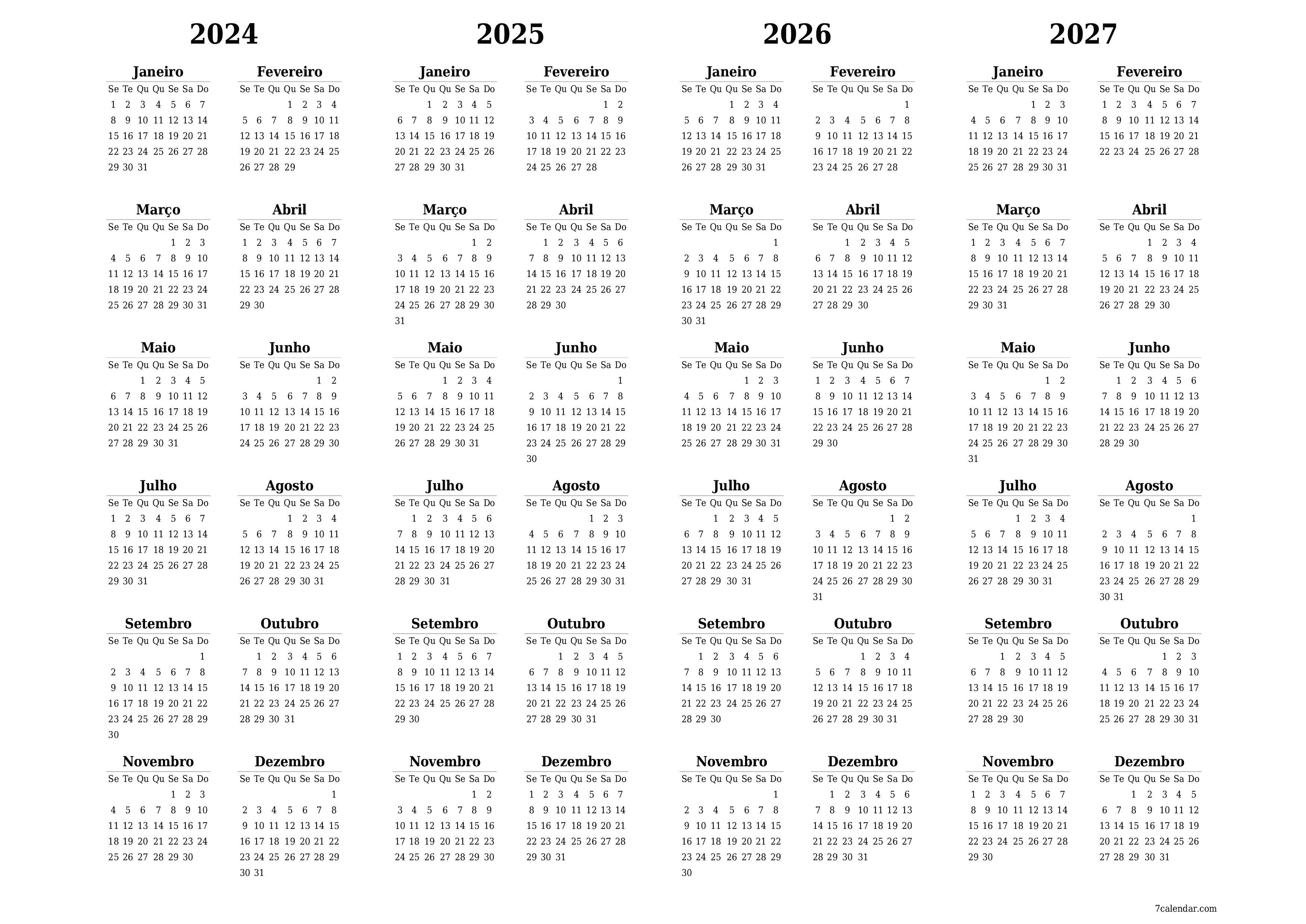 Calendário de planejador anual vazio para o ano 2024, 2025, 2026, 2027 com notas, salve e imprima em PDF PNG Portuguese
