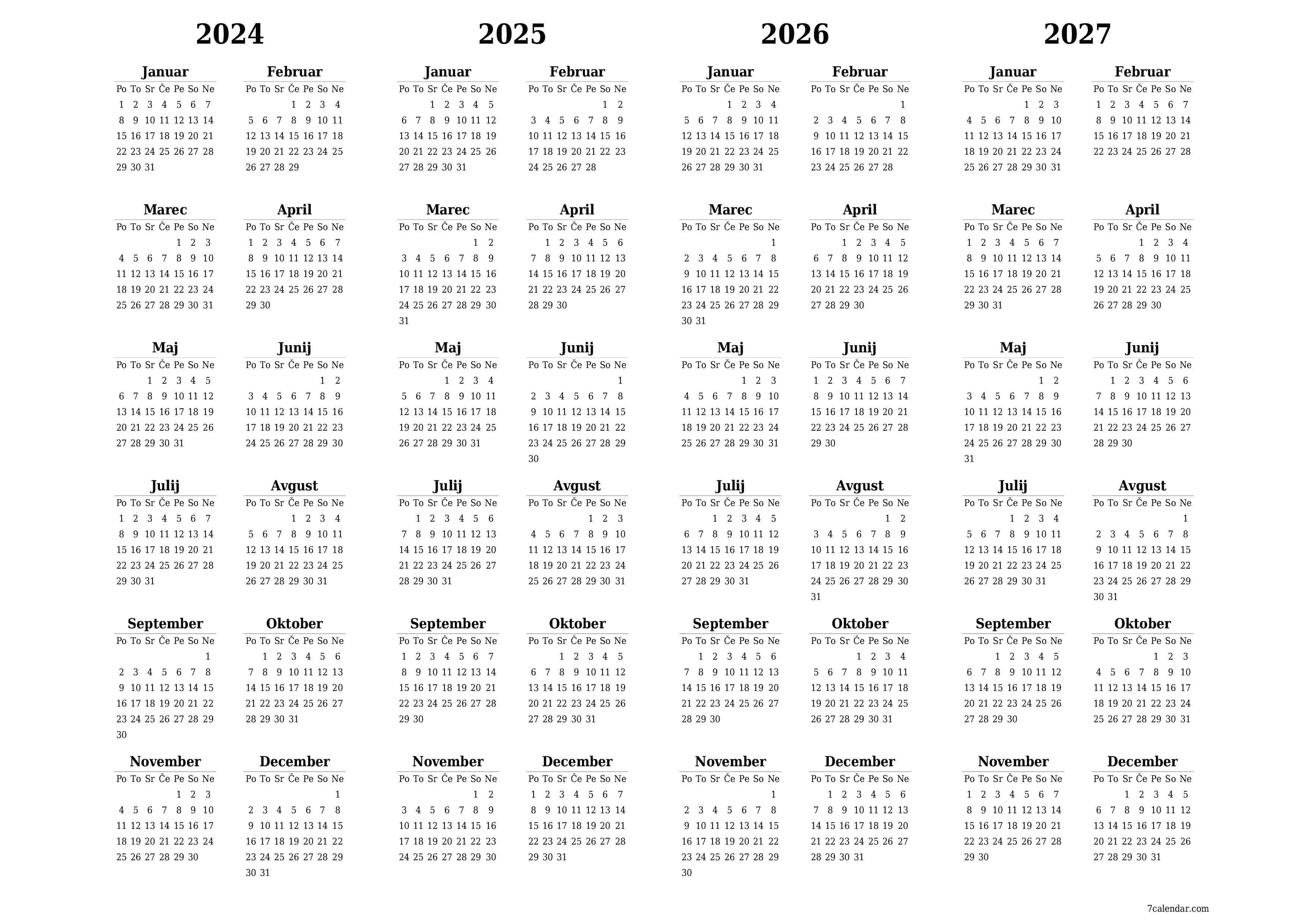 Prazen letni načrtovalec koledarja za leto 2024, 2025, 2026, 2027 z opombami za tiskanje v PDF-ju PNG Slovenian