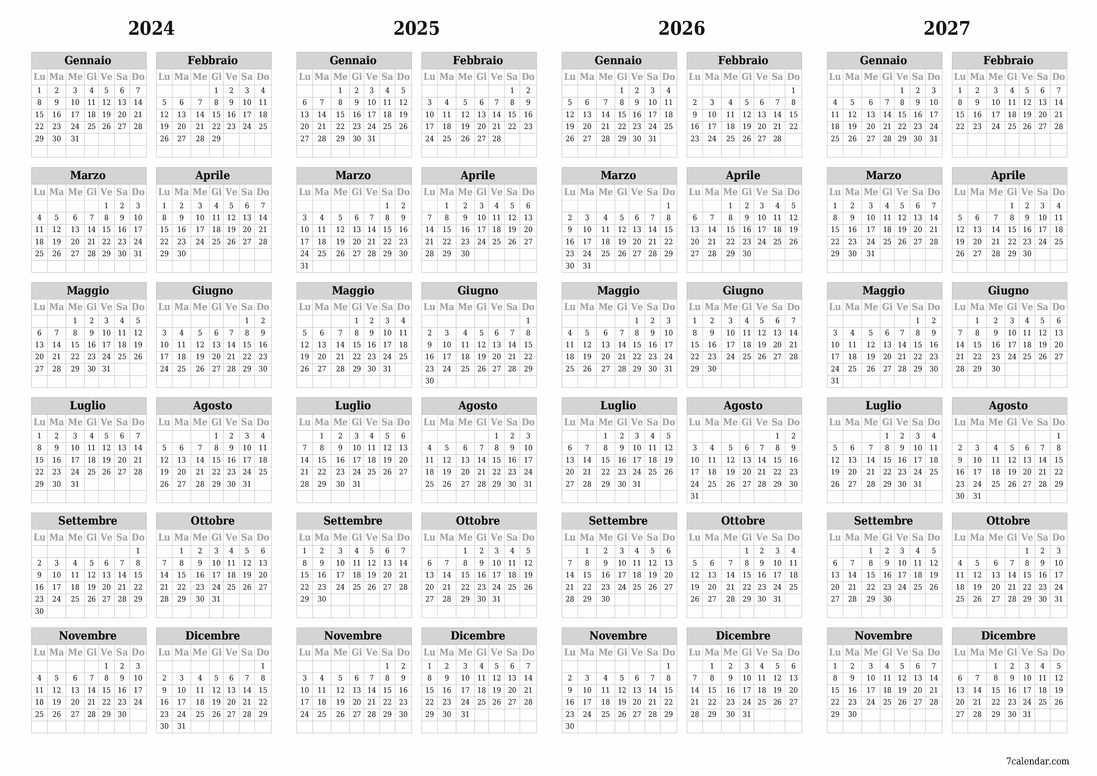  stampabile da parete modello di gratuitoorizzontale Annuale calendario Dicembre (Dic) 2024