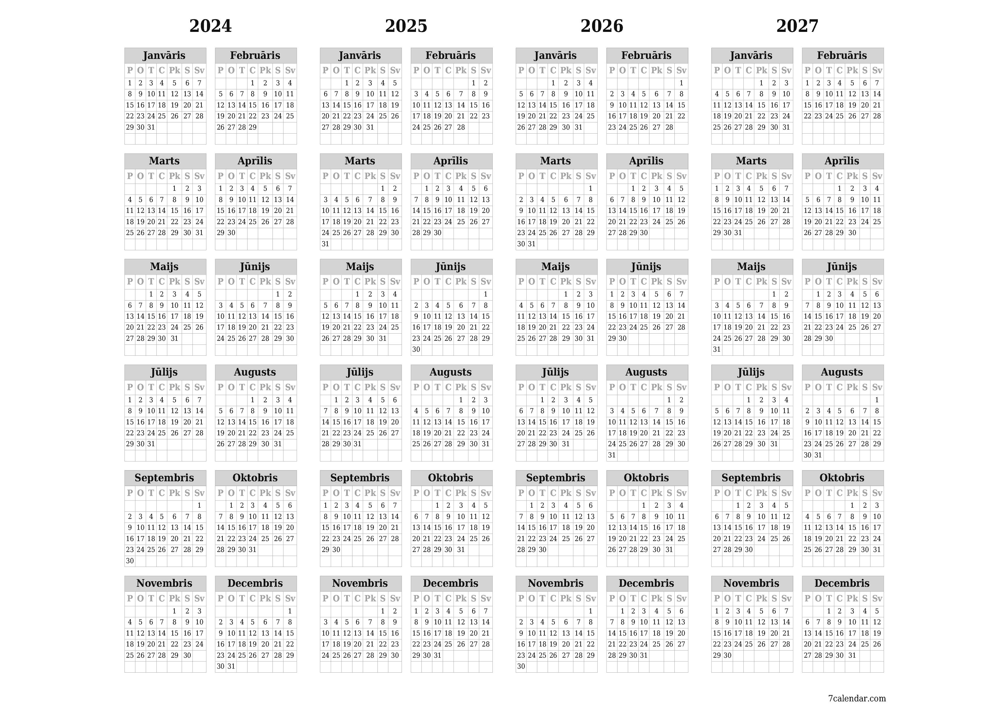 izdrukājams sienas kalendāra veidne bezmaksas horizontāli Gada kalendārs Februāris (Feb) 2024