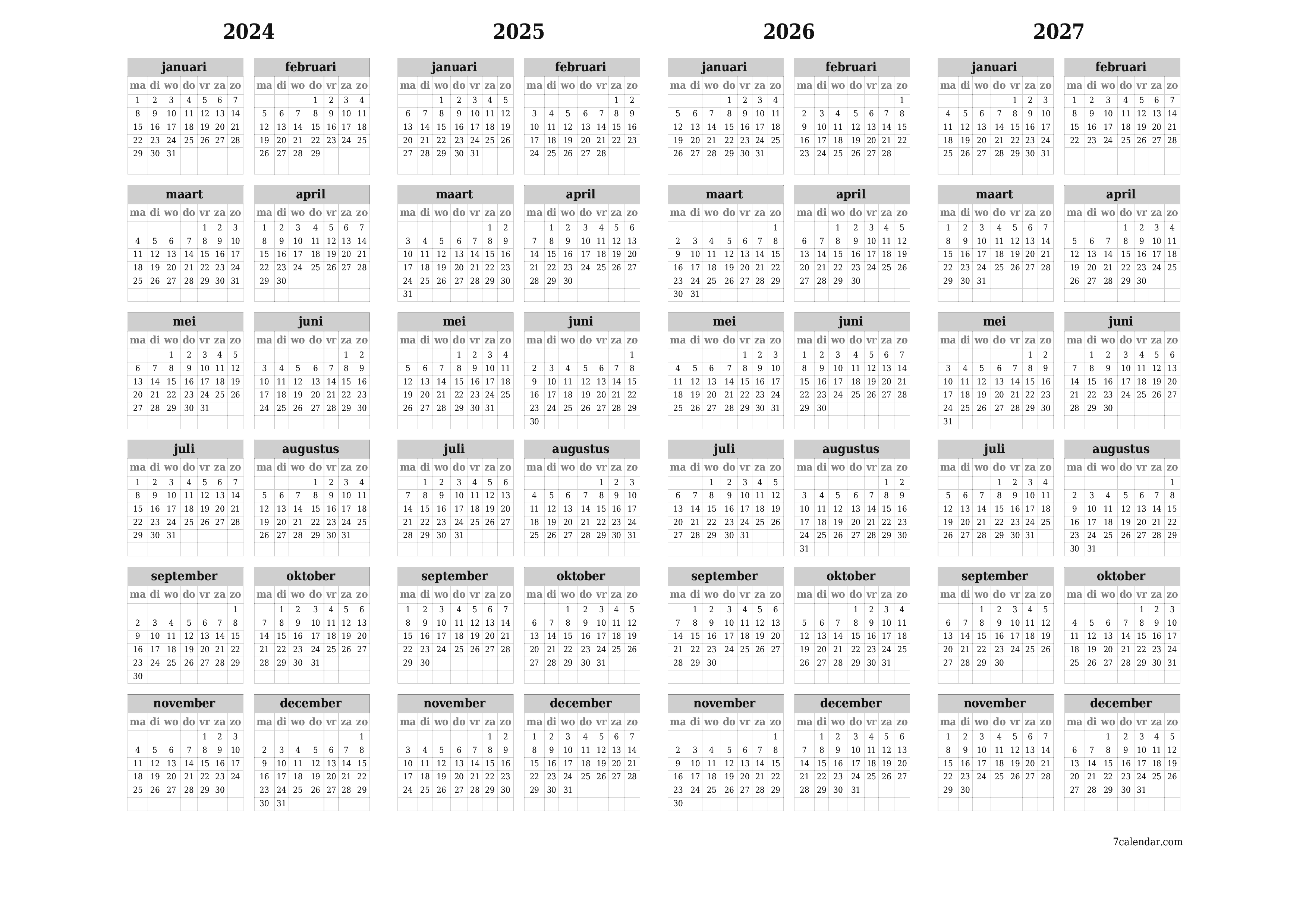 Lege jaarplanningskalender voor het jaar 2024, 2025, 2026, 2027 met notities, opslaan en afdrukken naar pdf PNG Dutch