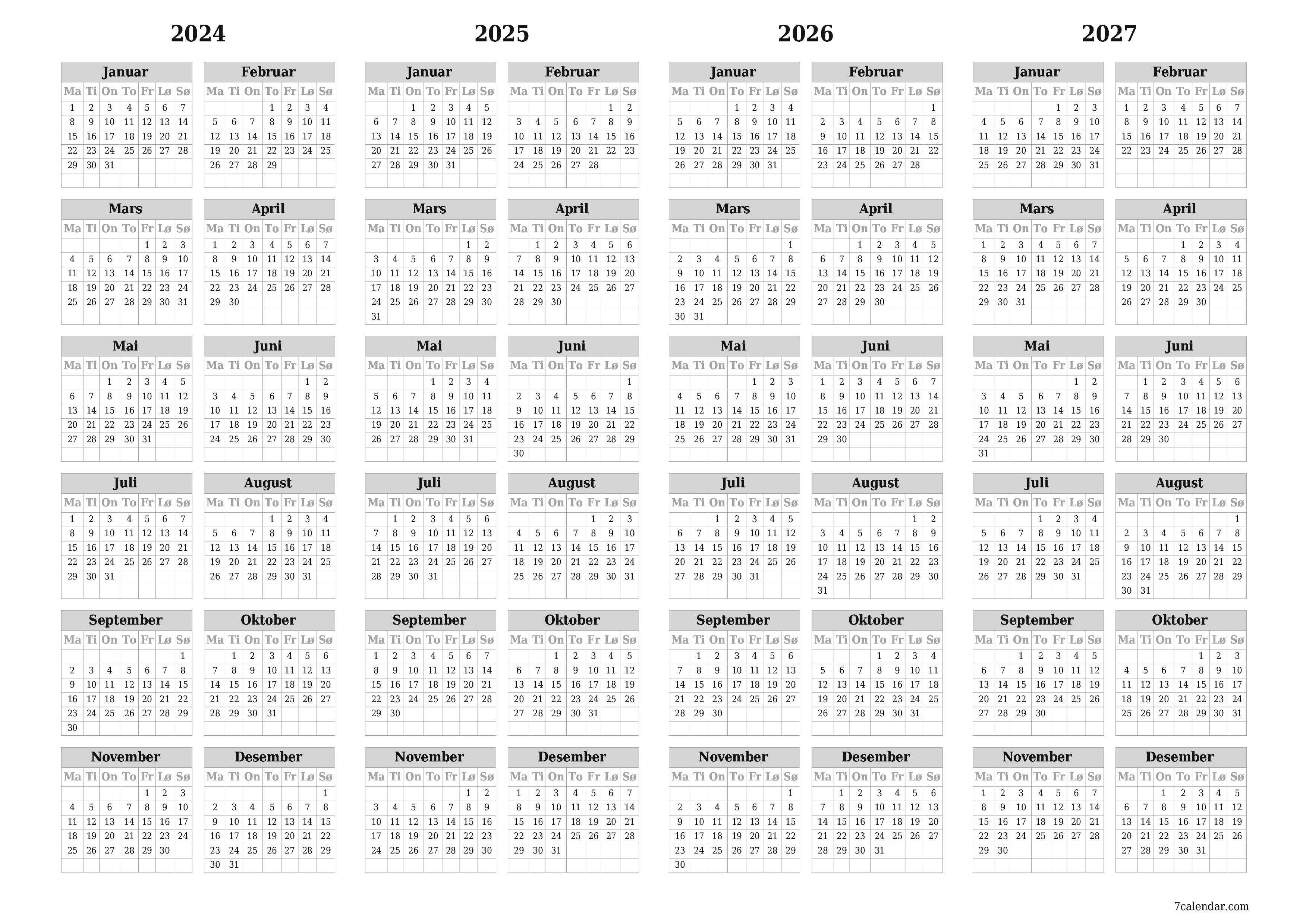 Tom årlig planleggerkalender for året 2024, 2025, 2026, 2027 med notater, lagre og skrive ut i PDF PNG Norwegian