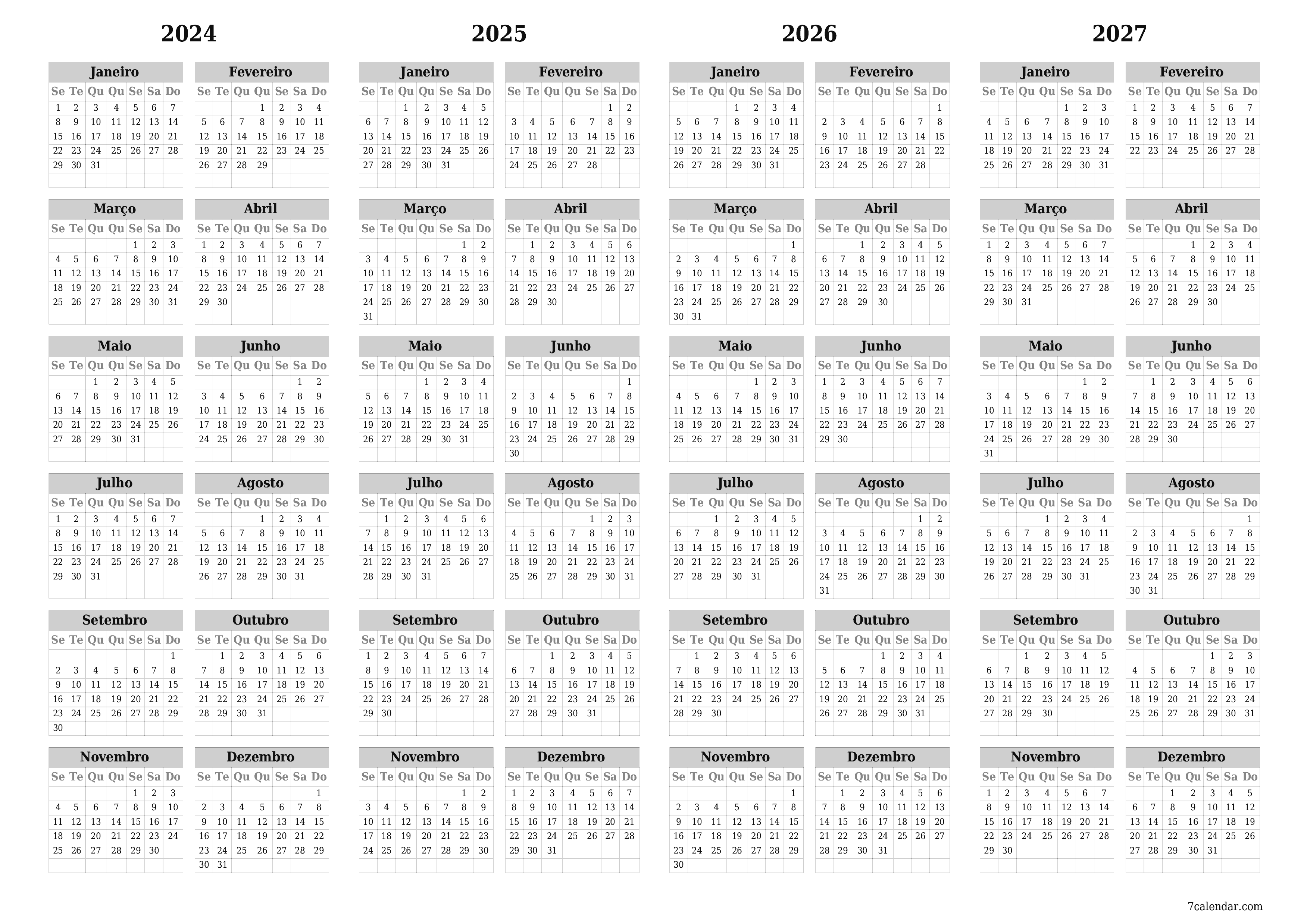 calendário para 2024, 2025, 2026 e 2027 ano