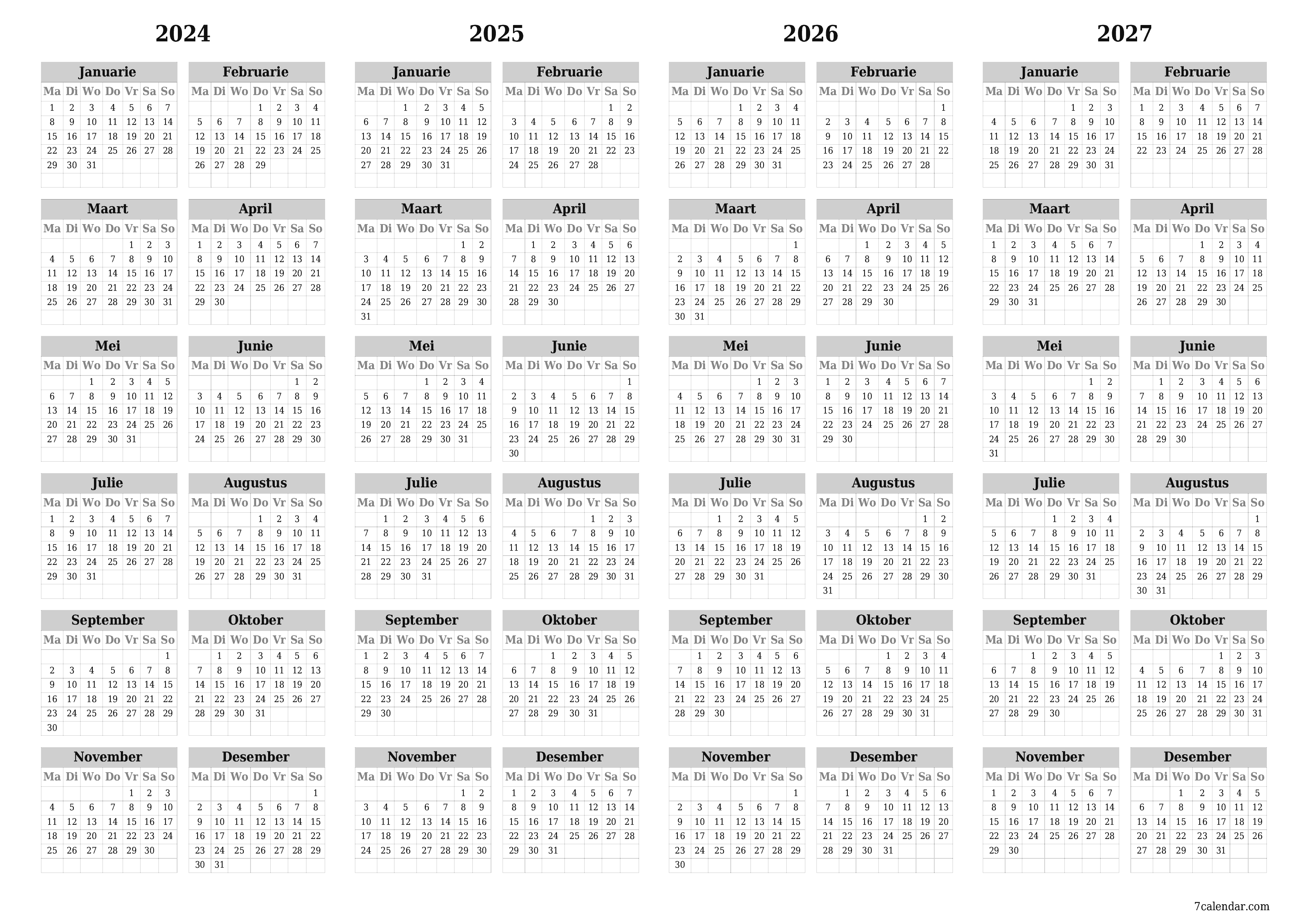 Leë jaarlikse drukbare kalender en beplanner vir die jaar 2024, 2025, 2026, 2027 met notas, stoor en druk na PDF PNG Afrikaans