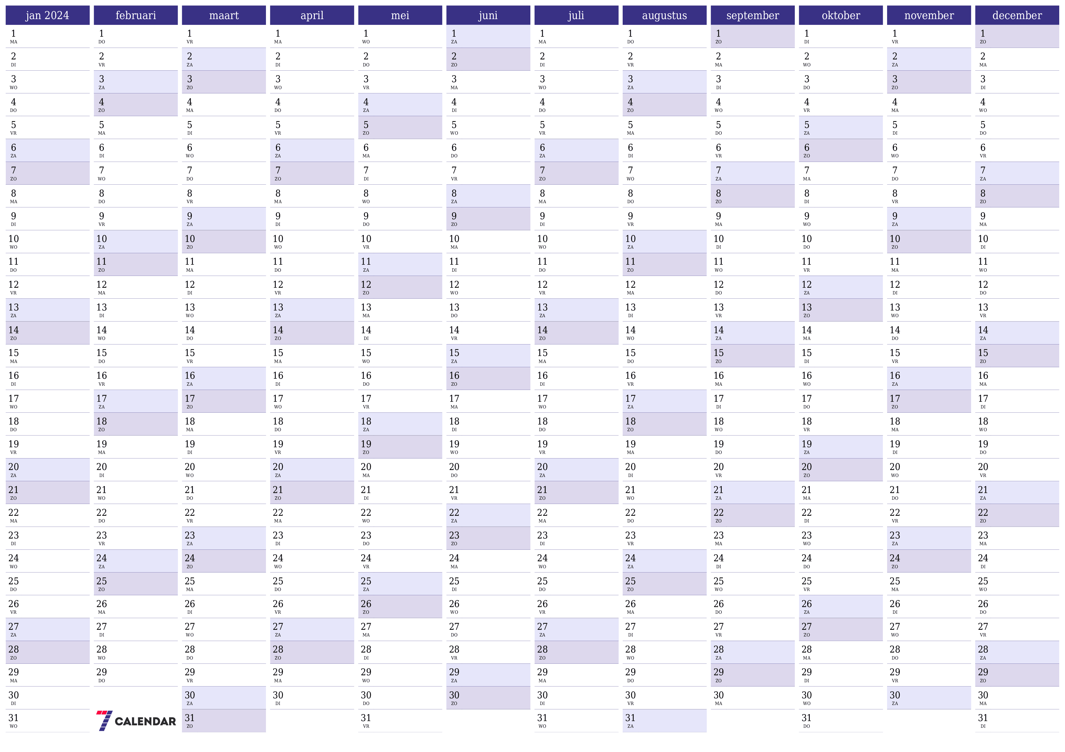 Lege jaarplanningskalender voor het jaar 2024 met notities, opslaan en afdrukken naar pdf PNG Dutch