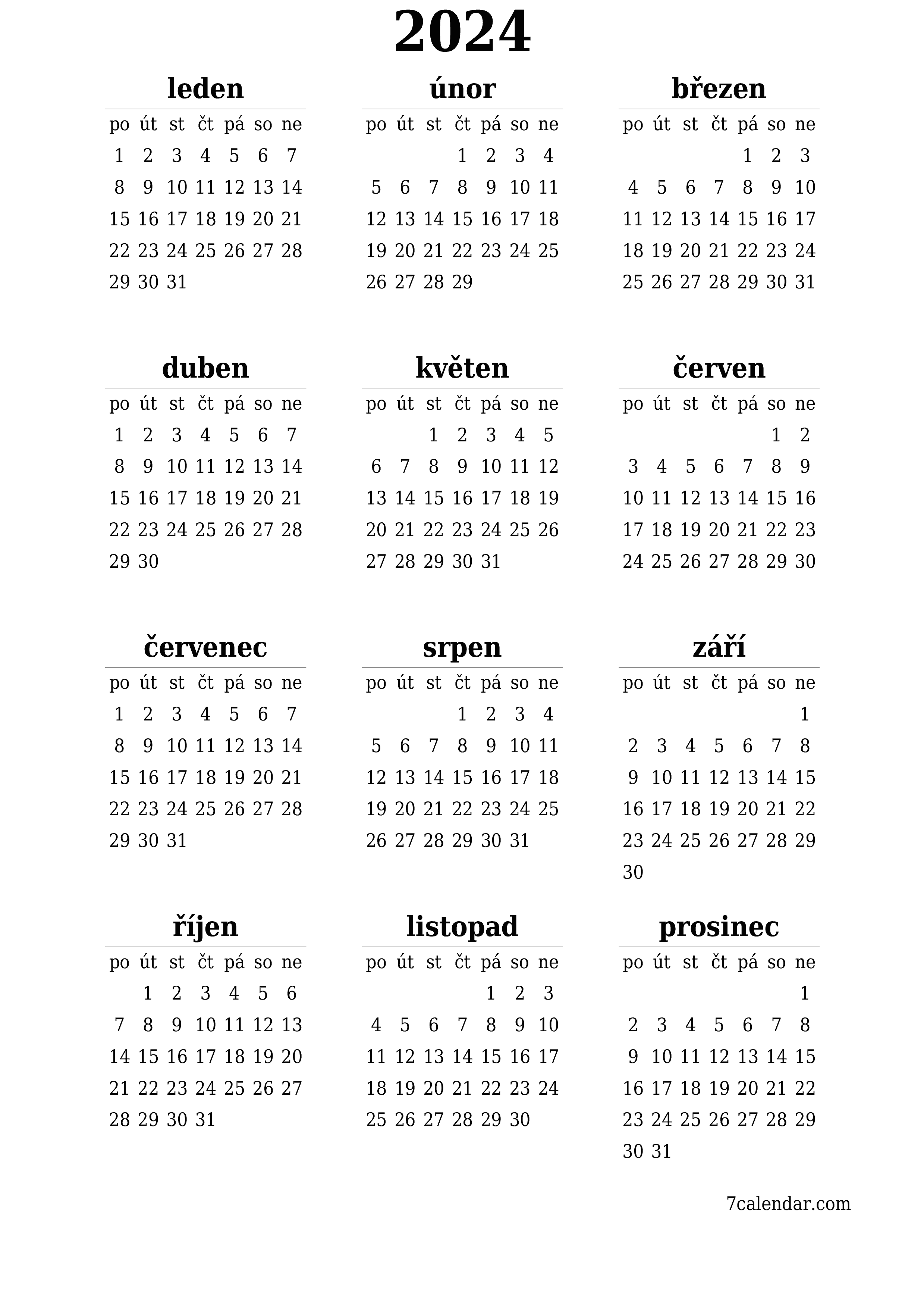Prázdný roční kalendář plánovače pro rok 2024 s poznámkami, uložením a tiskem do PDF PNG Czech