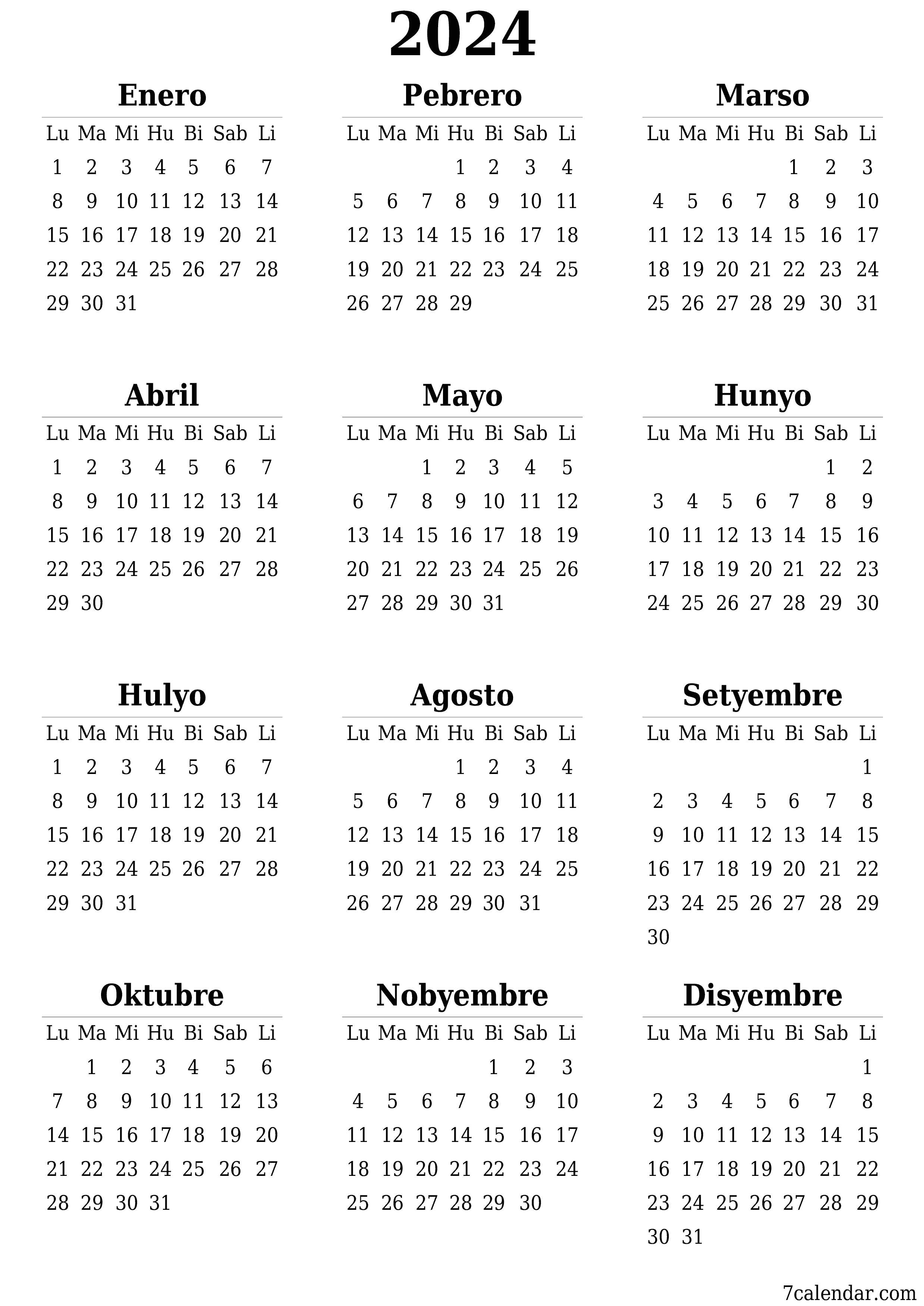 Walang laman ang taunang kalendaryo ng tagaplano para sa taong 2024 na may mga tala, i-save at i-print sa PDF PNG Filipino