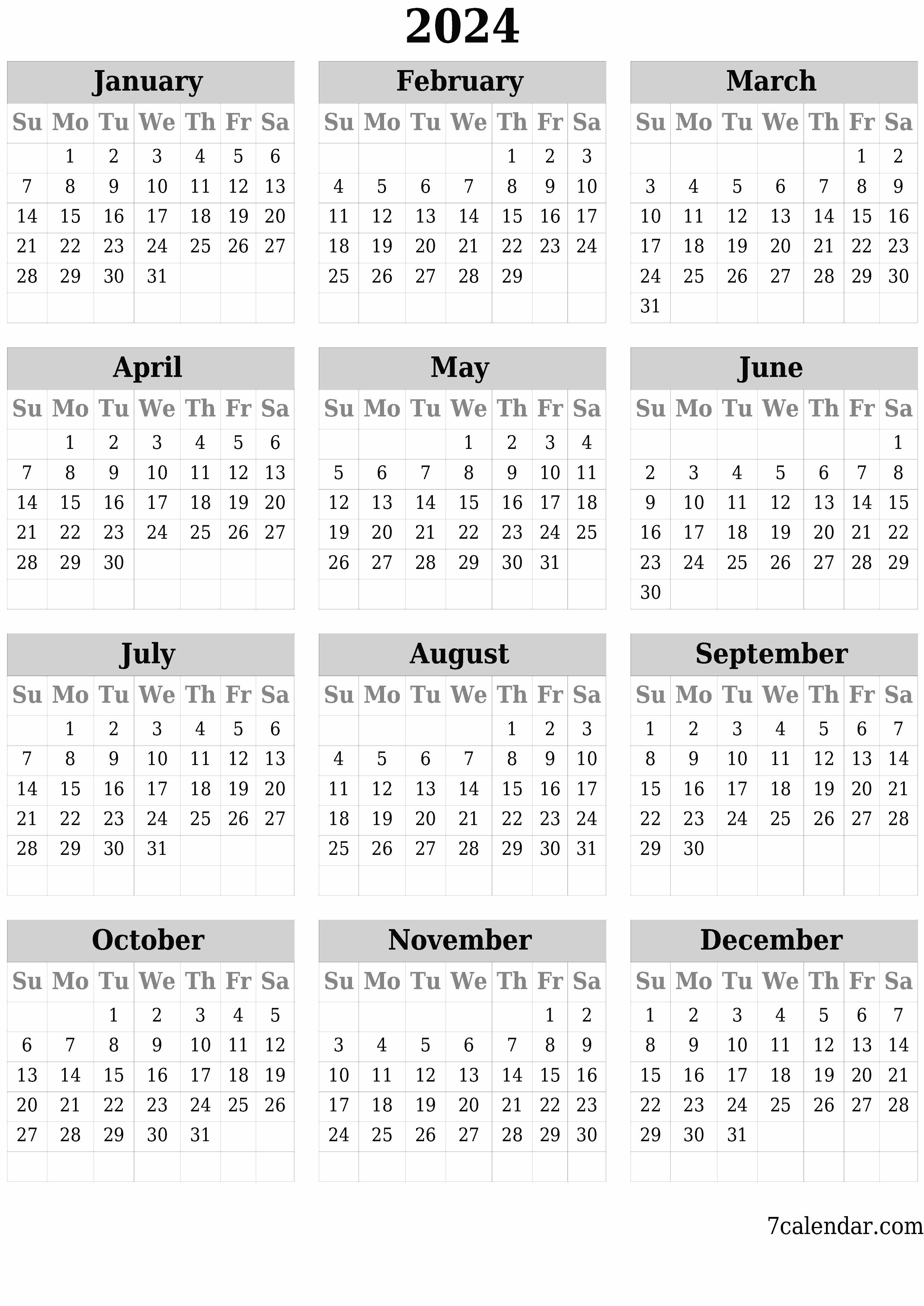 Blank yearly printable calendar and planner for the year with notes, save and print to PDF PNG English