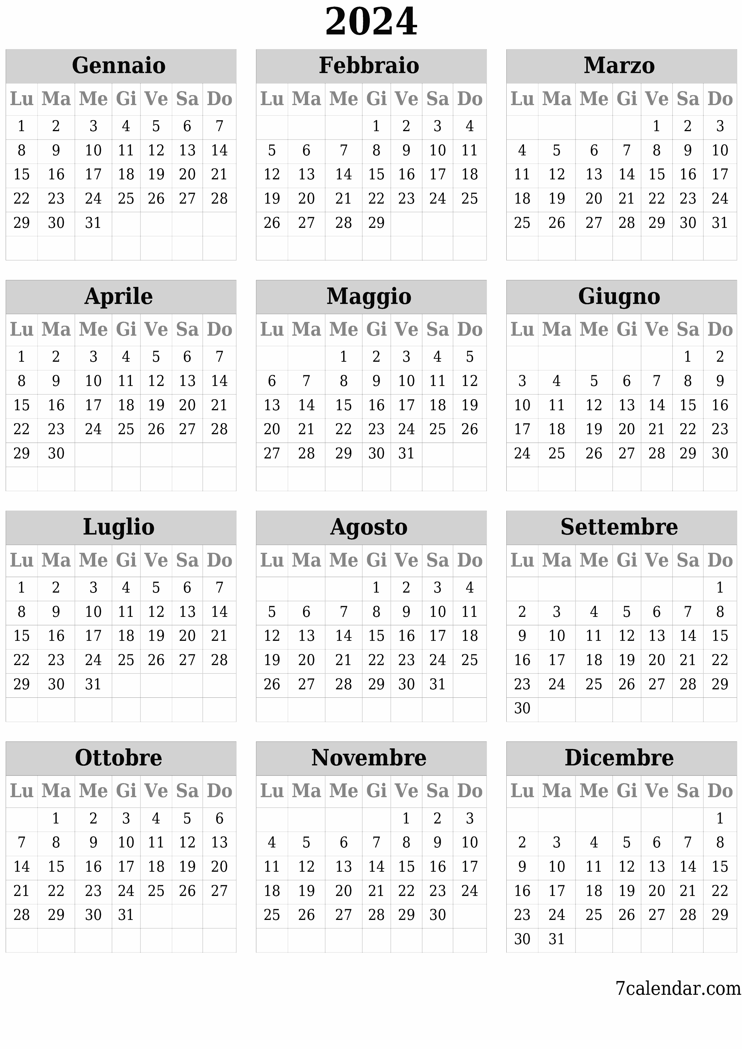 Calendario pianificatore annuale vuoto per l'anno 2024 con note, salva e stampa in PDF PNG Italian