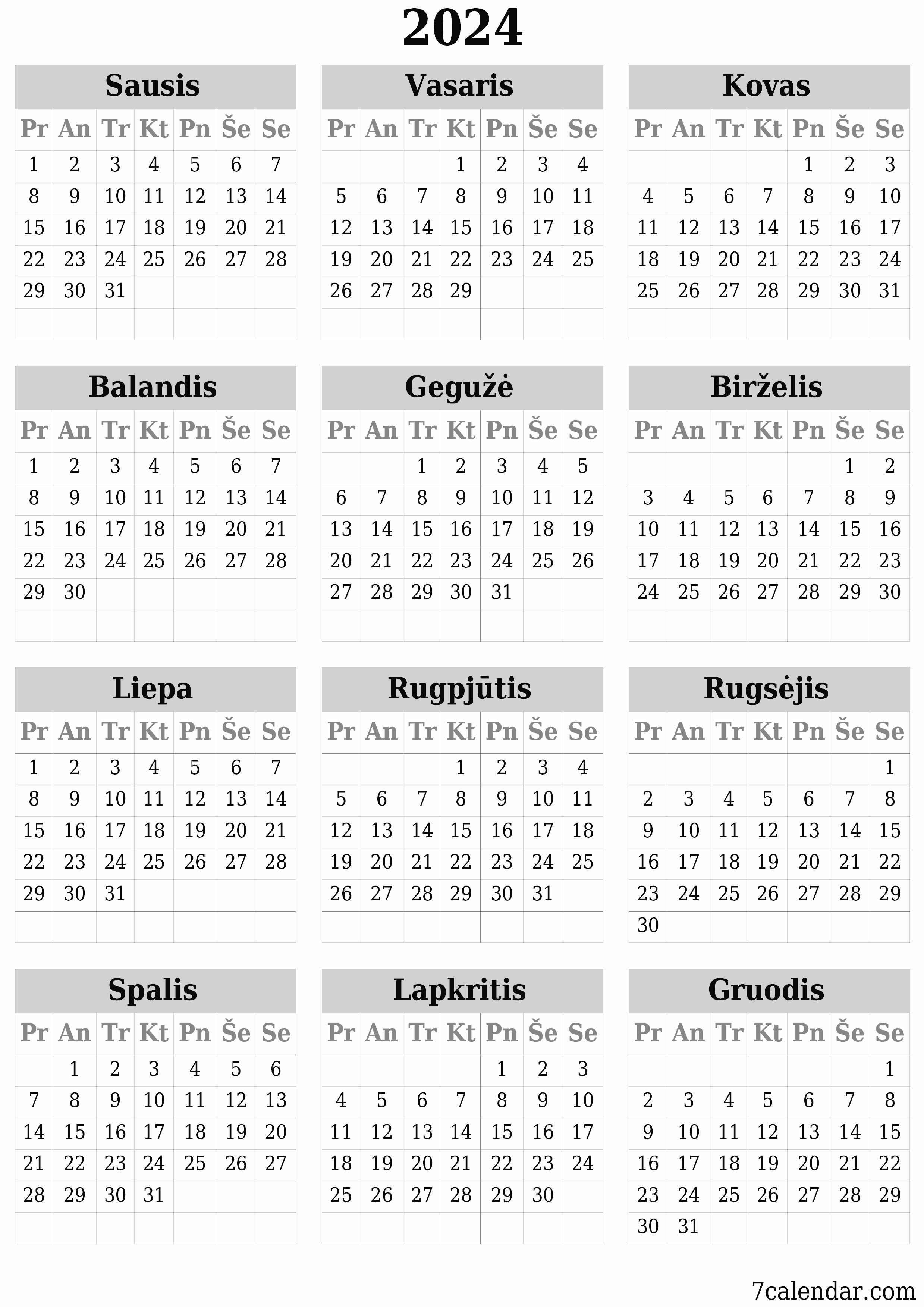 Tuščias metų planavimo kalendorius 2024 su užrašais, išsaugokite ir atsispausdinkite PDF formatu PNG Lithuanian