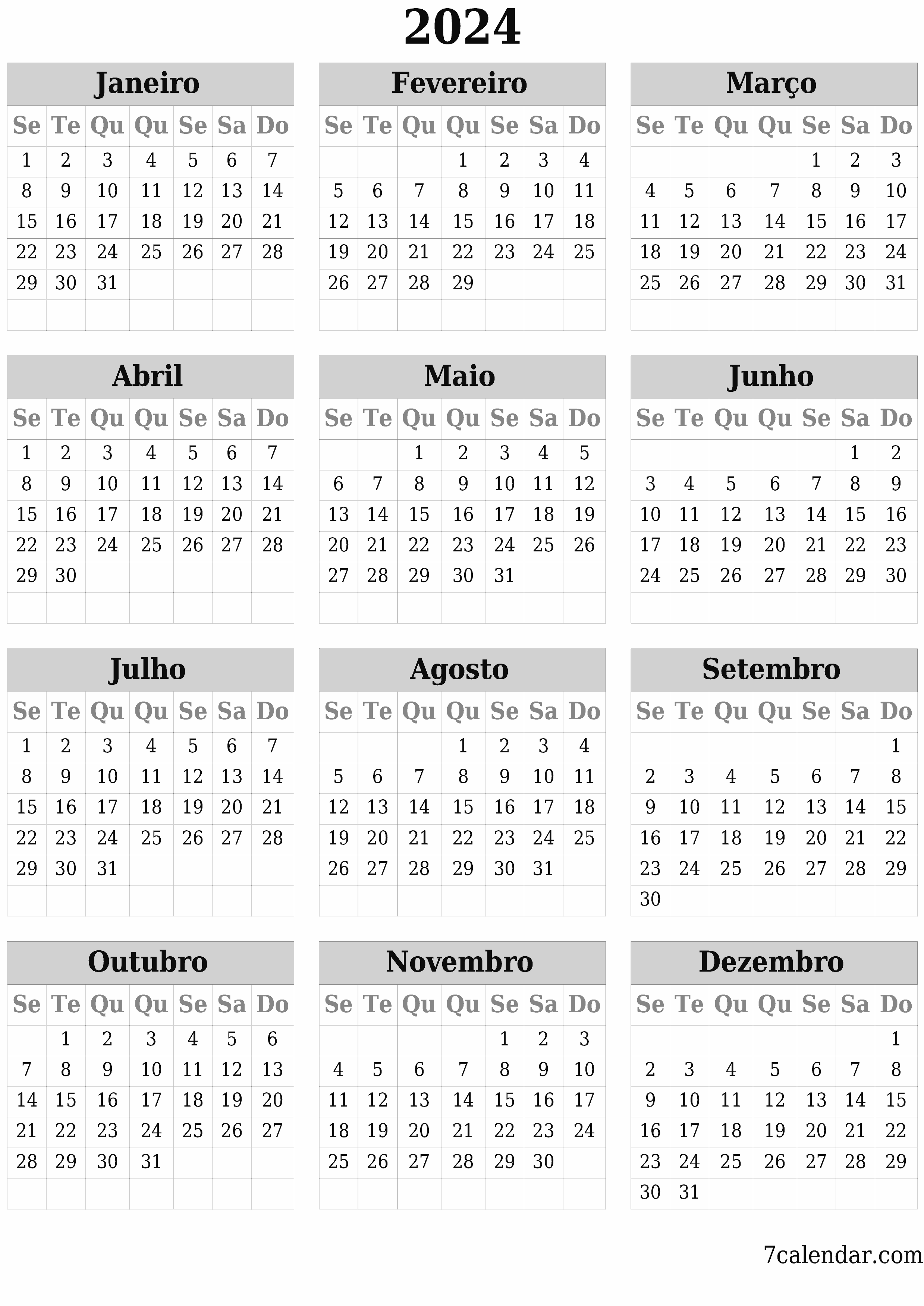 Calendário de planejador anual vazio para o ano 2024 com notas, salve e imprima em PDF PNG Portuguese