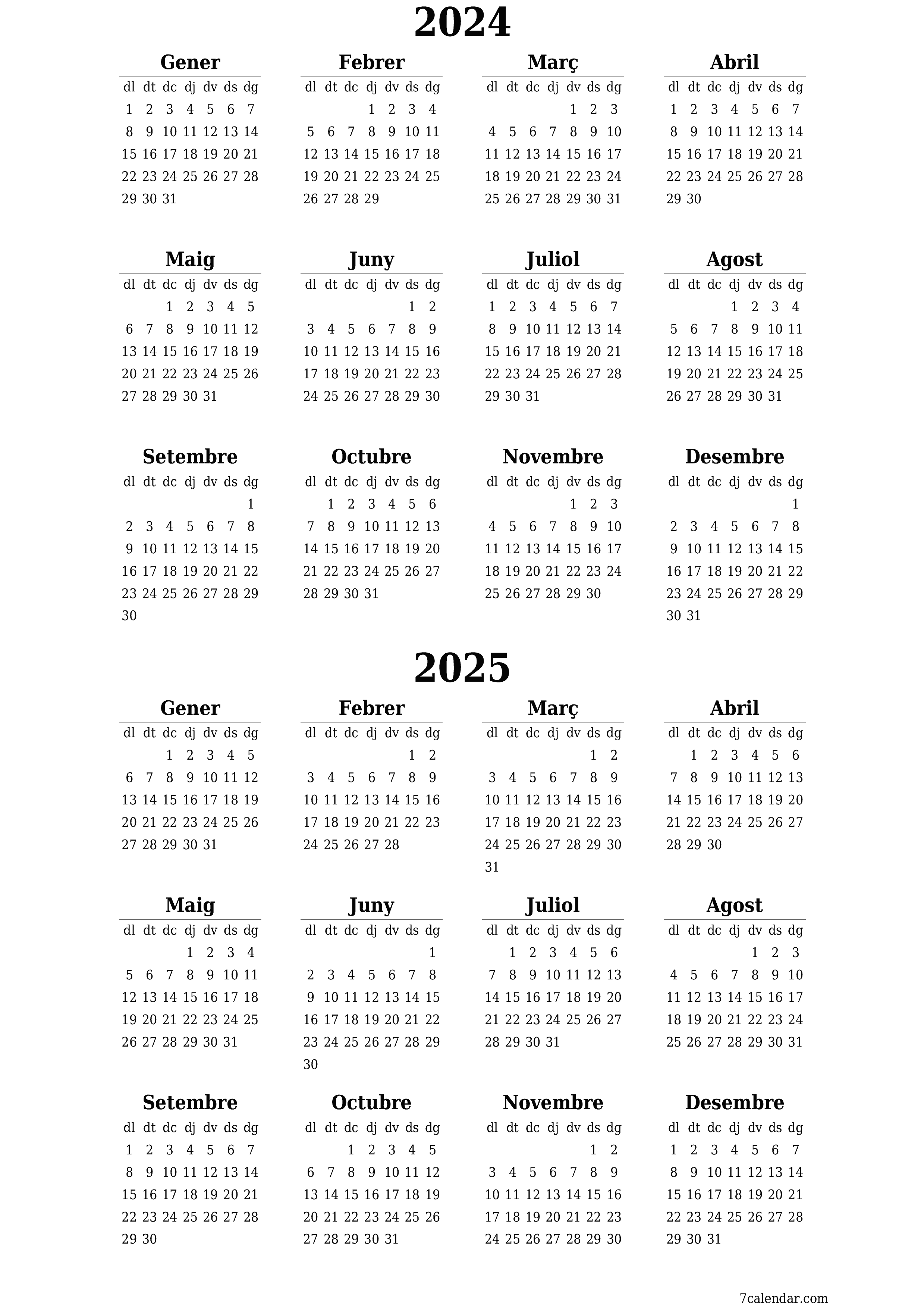  imprimible de paret plantilla de gratuïtvertical Anual calendari Desembre (Des) 2024