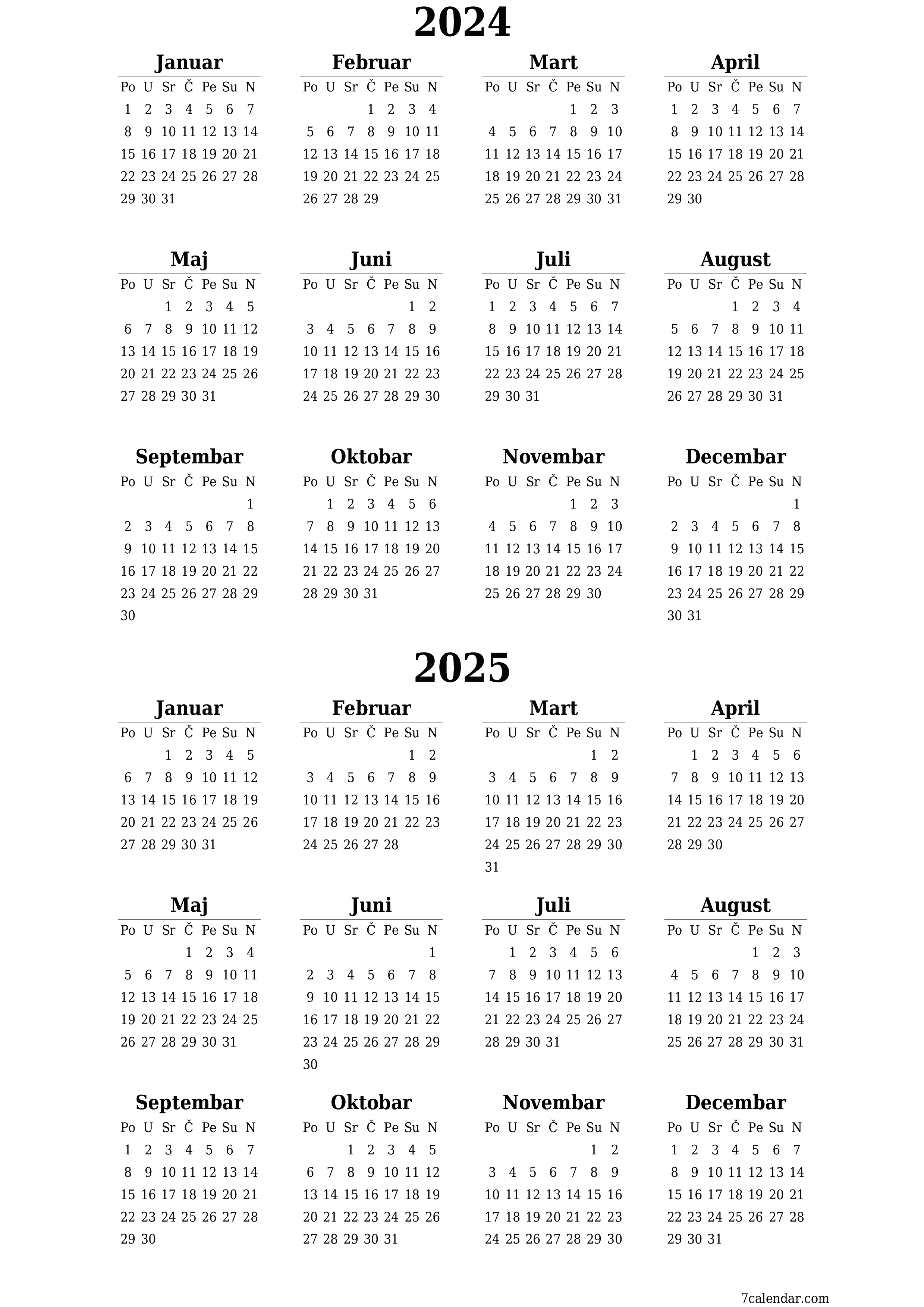 Ispraznite godišnji kalendar planera za godinu 2024, 2025 s bilješkama, spremite i ispišite u PDF PNG Bosnian