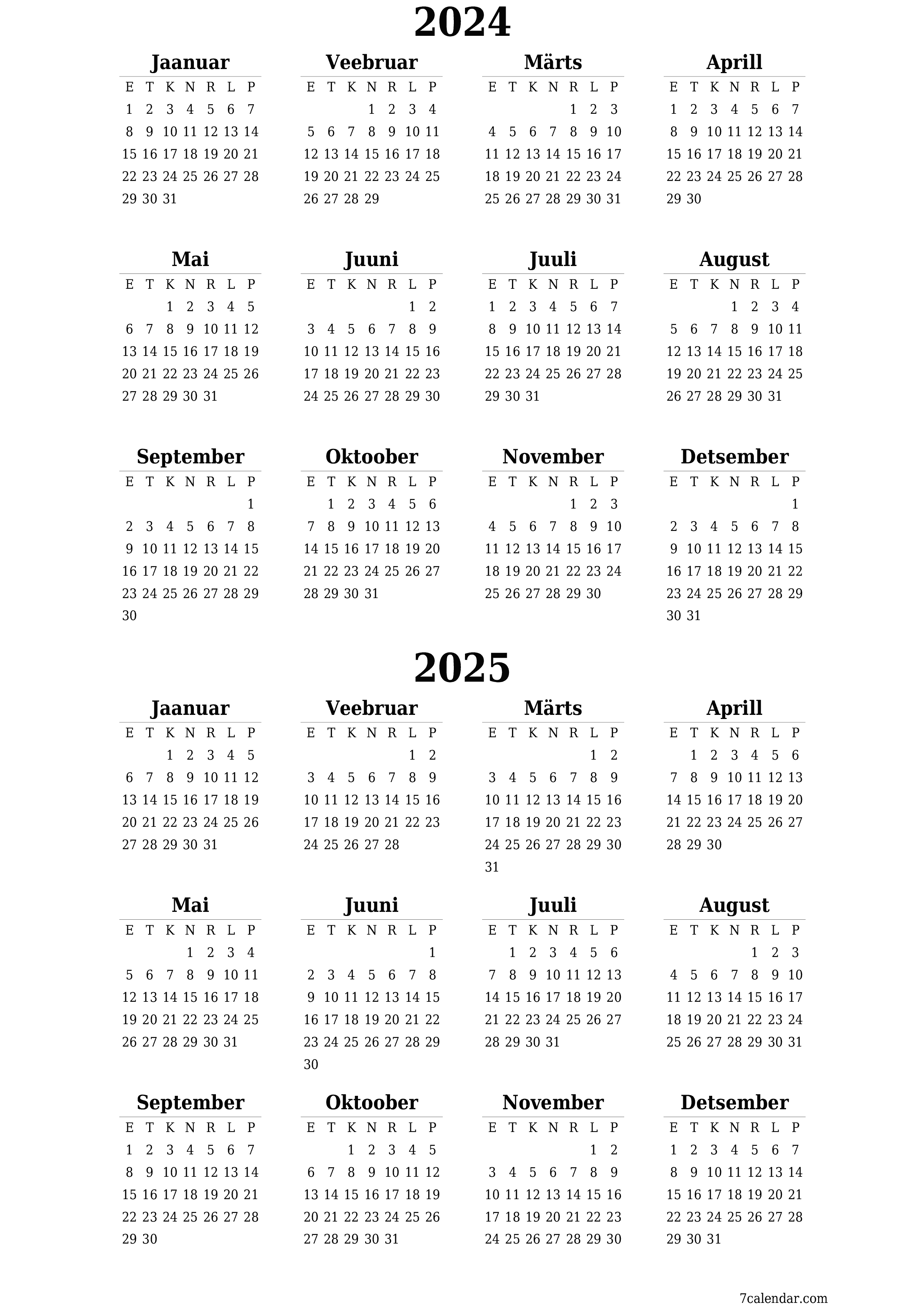 Tühi aasta planeerija kalender aastaks 2024, 2025 koos märkmetega, salvestage ja printige PDF-i PNG Estonian