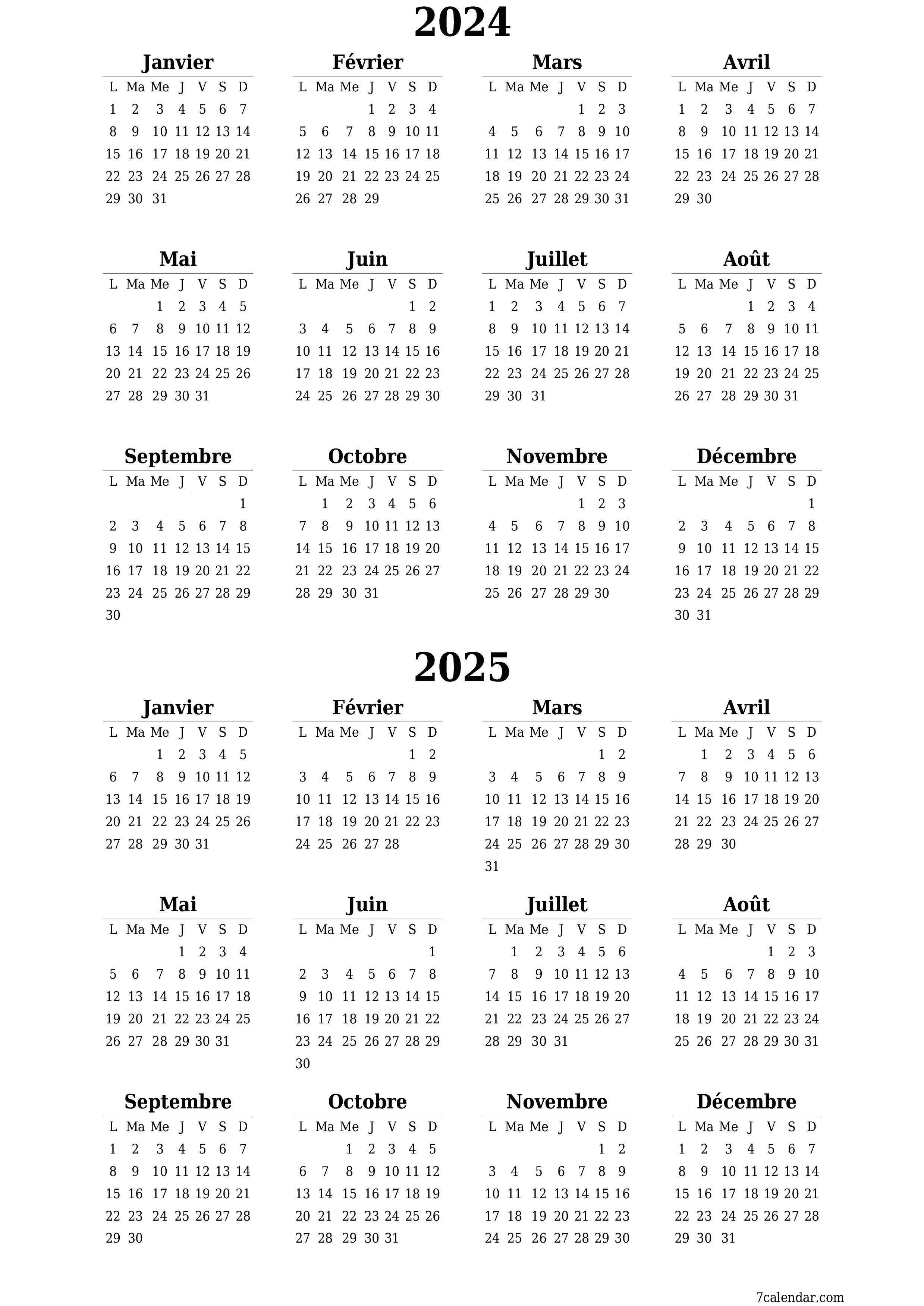 Calendrier annuel vide pour l'année 2024, 2025 avec notes, enregistrer et imprimer au format PDF PNG French
