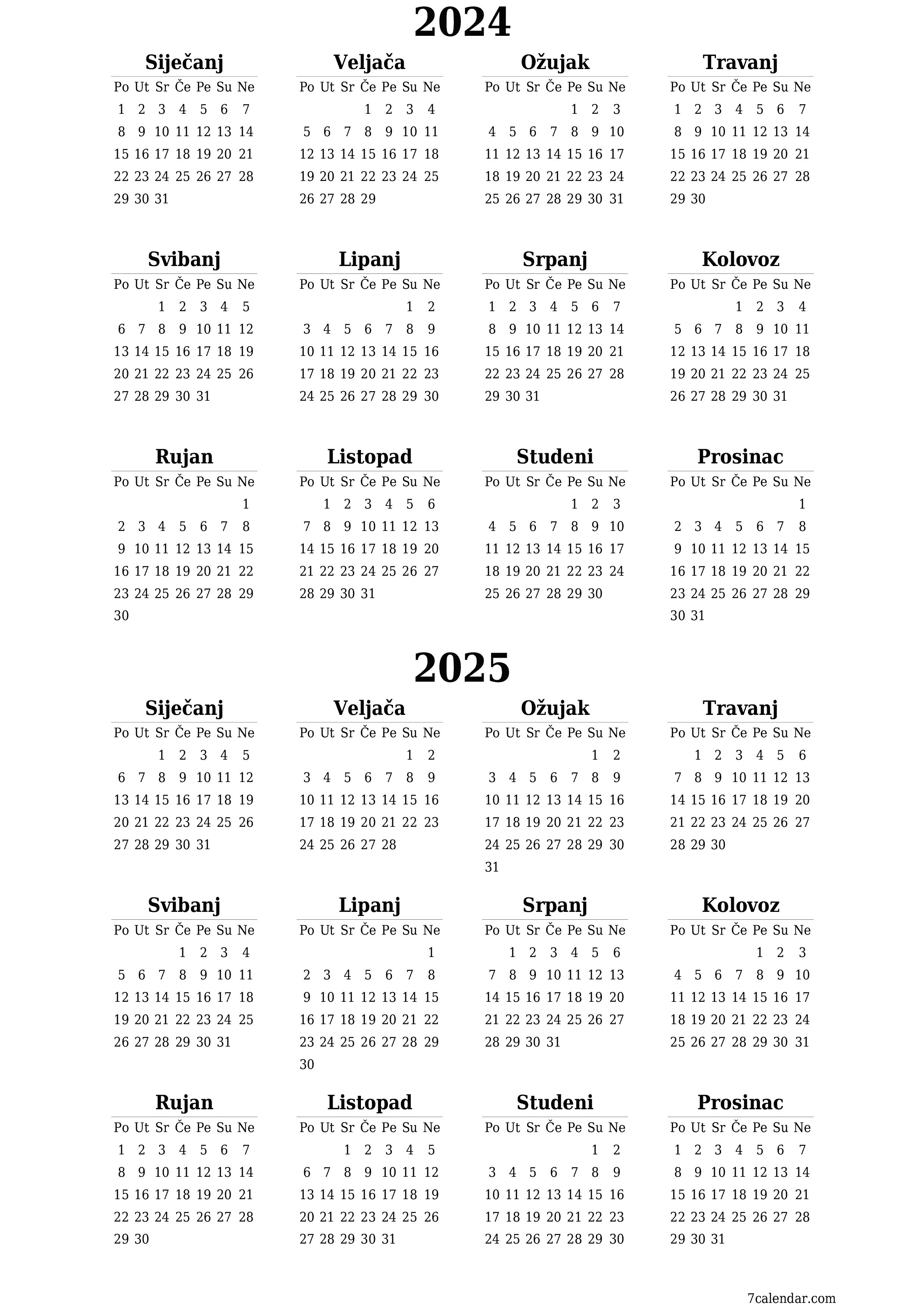 Ispraznite godišnji kalendar planera za godinu 2024, 2025 s bilješkama, spremite i ispišite u PDF PNG Croatian