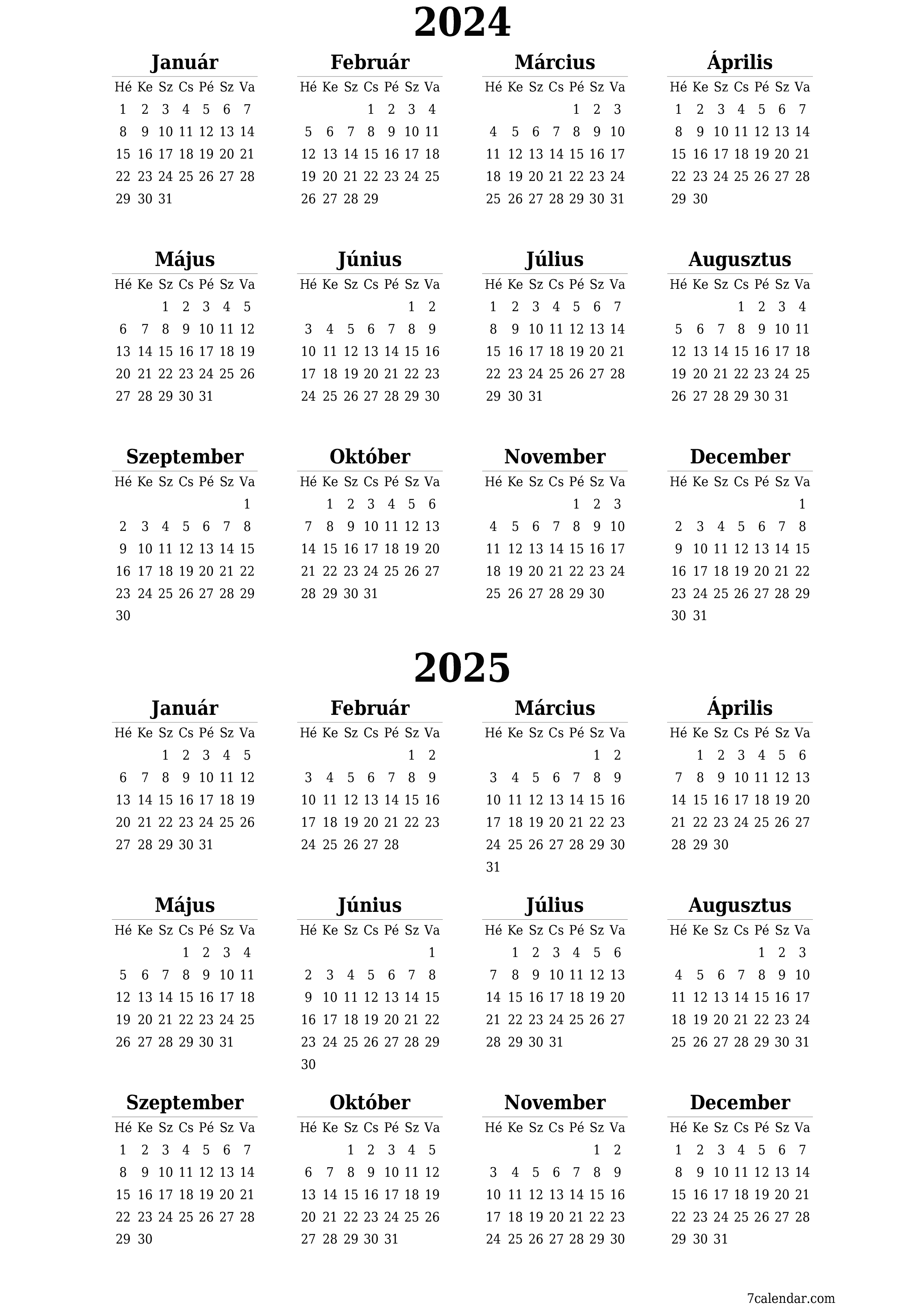 Üres éves tervezői naptár az évre 2024, 2025 jegyzetekkel, mentés és nyomtatás PDF-be PNG Hungarian