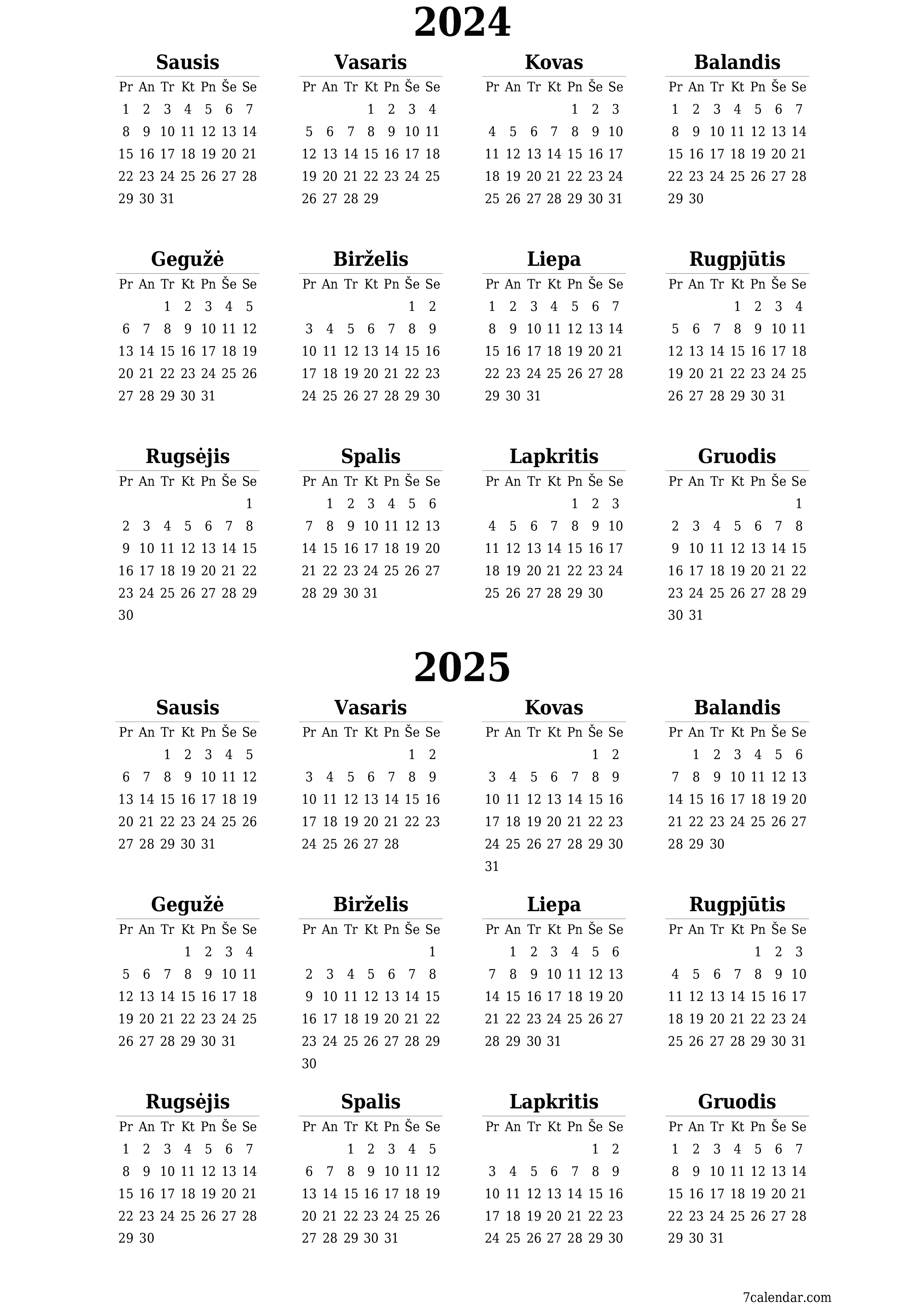 spausdinamas sieninis kalendoriaus šabloną nemokamas vertikaliai Kasmet kalendorius Gruodis (Gru) 2024