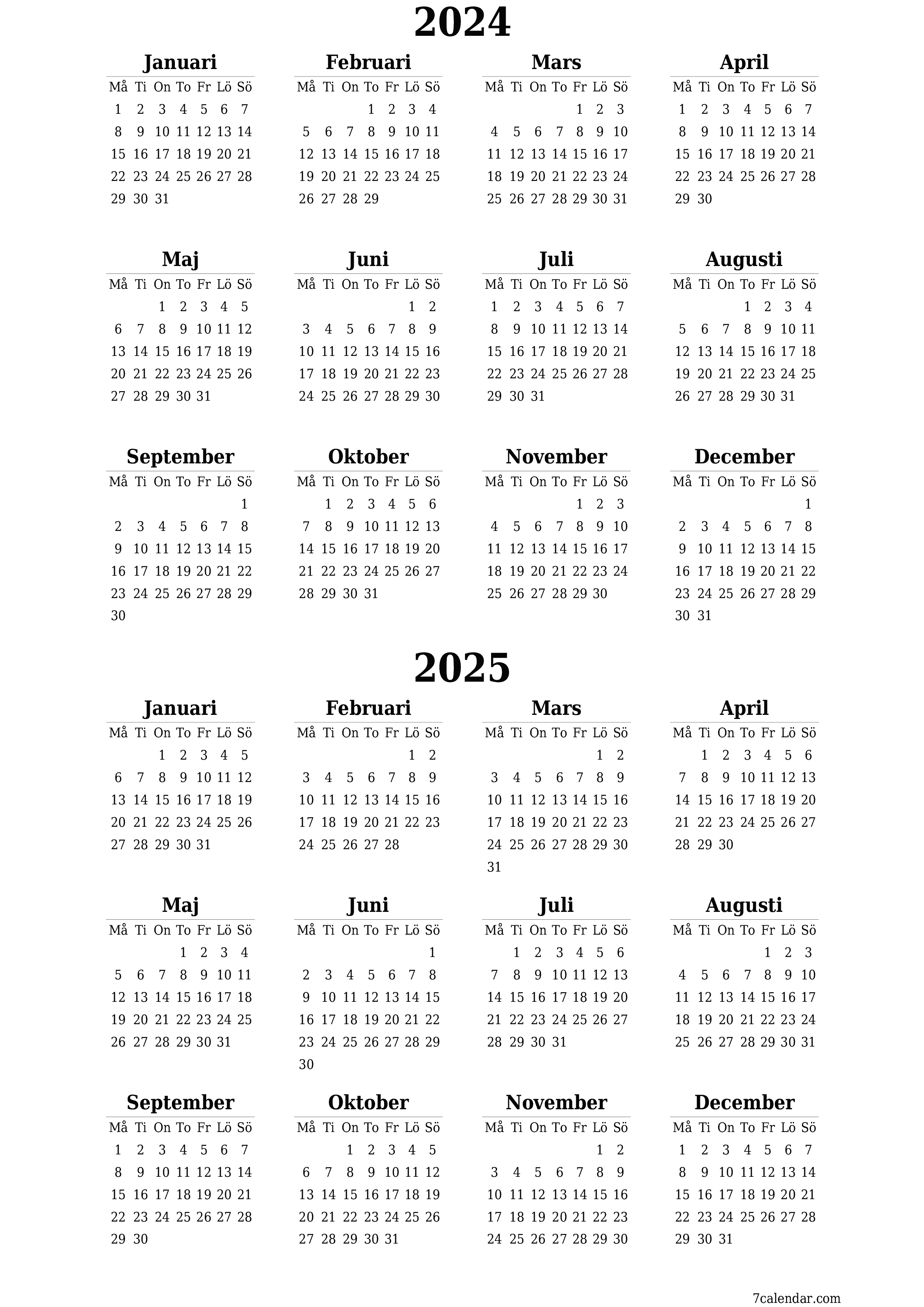 Tom årlig planeringskalender för året 2024, 2025 med anteckningar, spara och skriv ut till PDF PNG Swedish