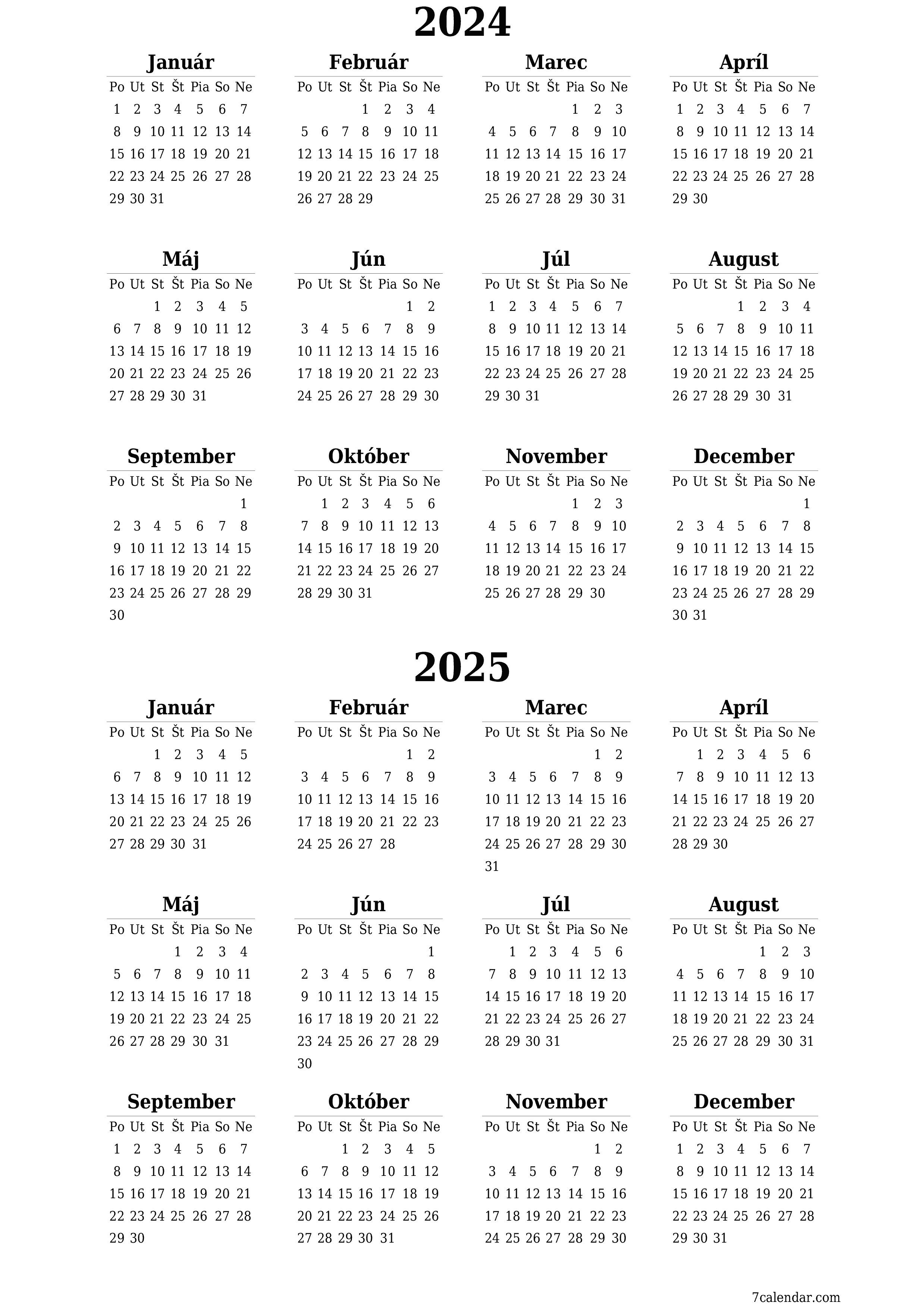 Prázdny ročný kalendár plánovača na rok 2024, 2025 s poznámkami, uložením a tlačou do formátu PDF PNG Slovak