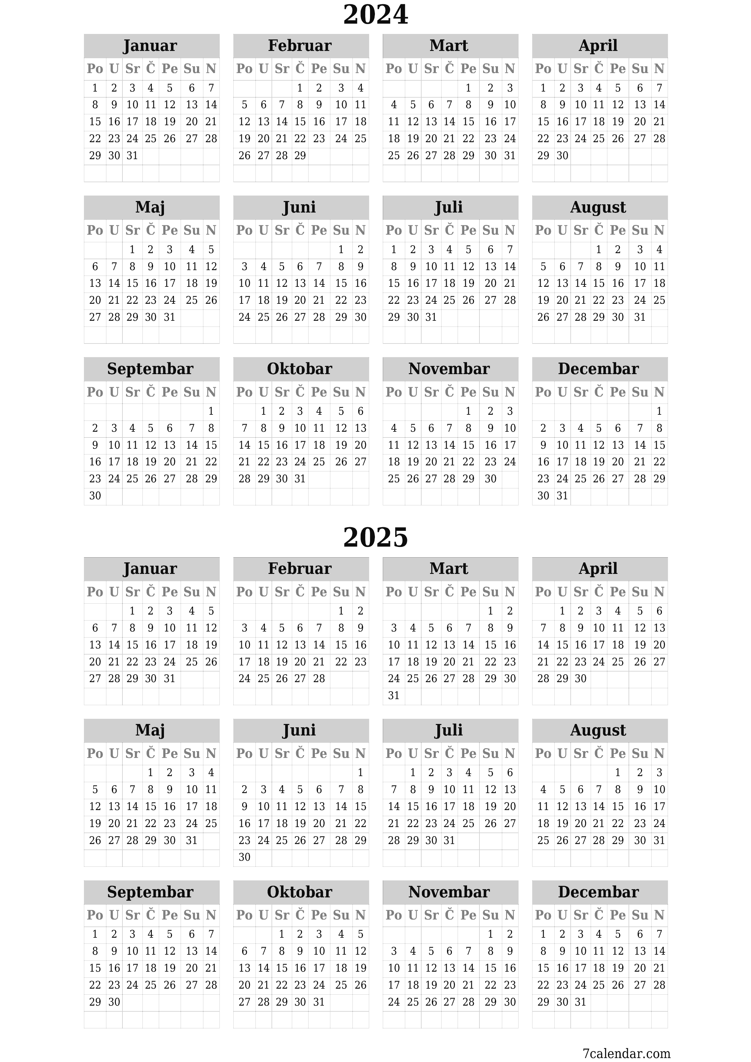Ispraznite godišnji kalendar planera za godinu 2024, 2025 s bilješkama, spremite i ispišite u PDF PNG Bosnian